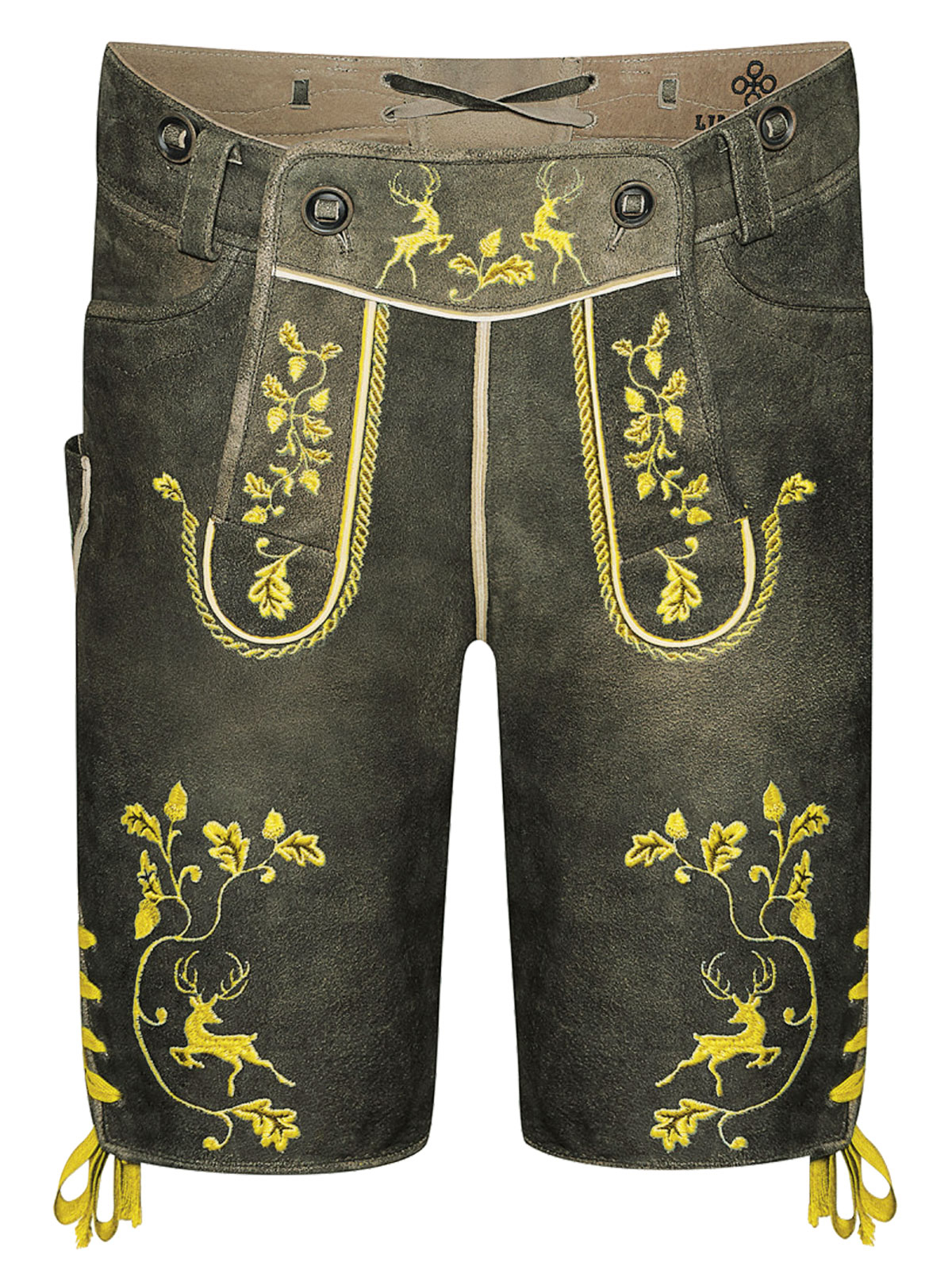 Graubraune Lederhose mit gelber Stickerei