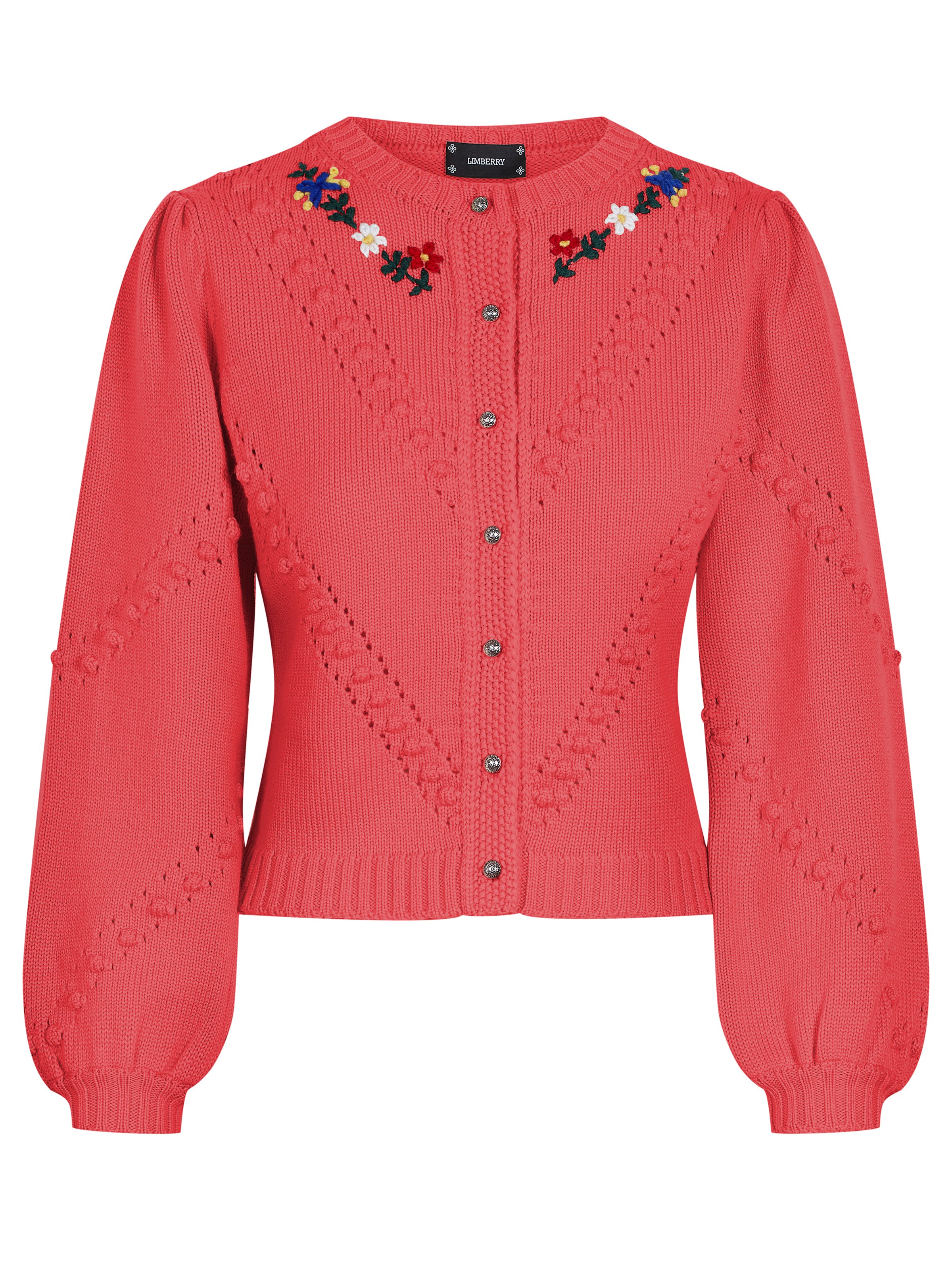 Strickjacke in Koralle mit Blumenstickerei