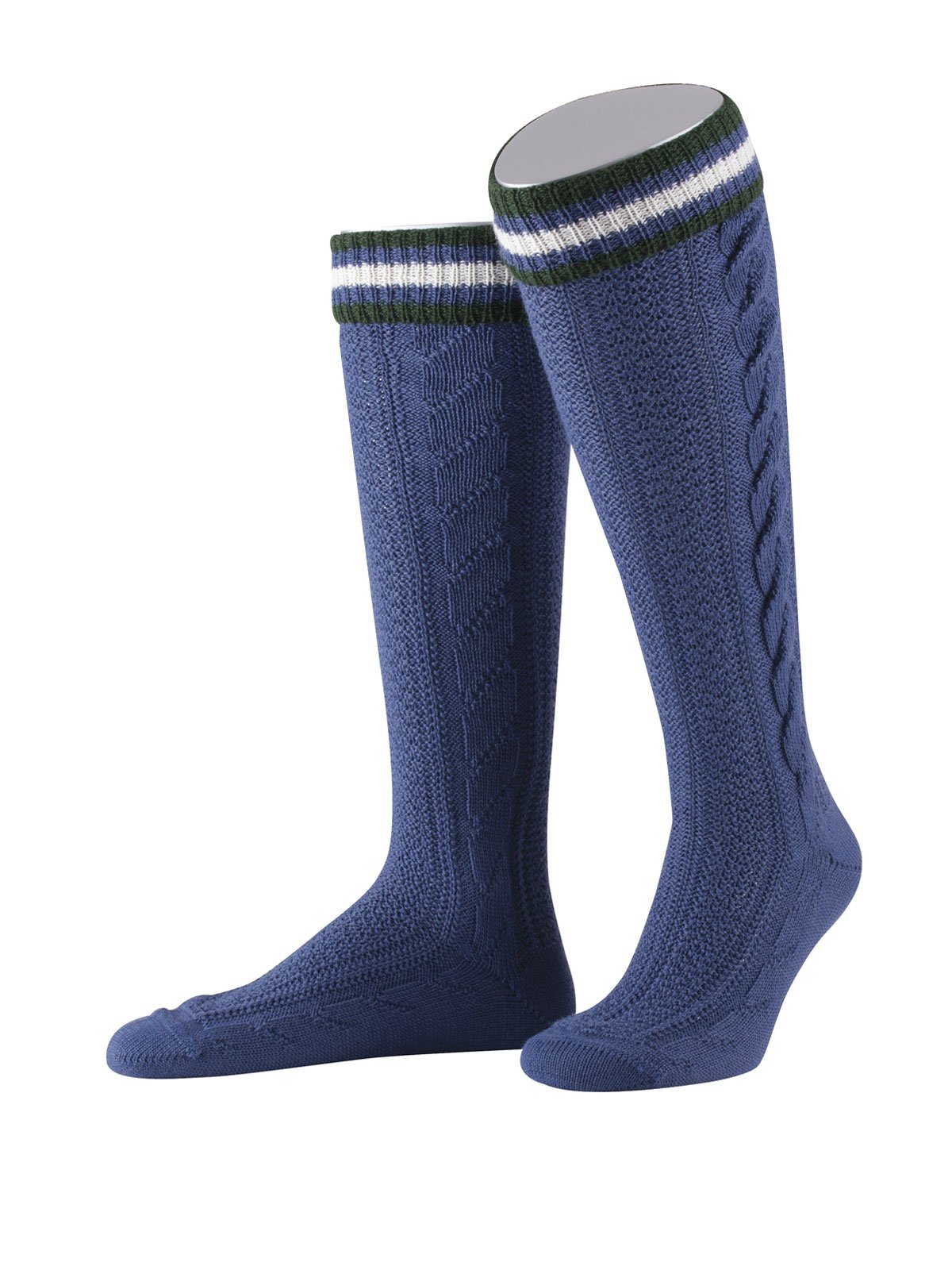 Blauer Kniestrumpf mit Zopfmuster