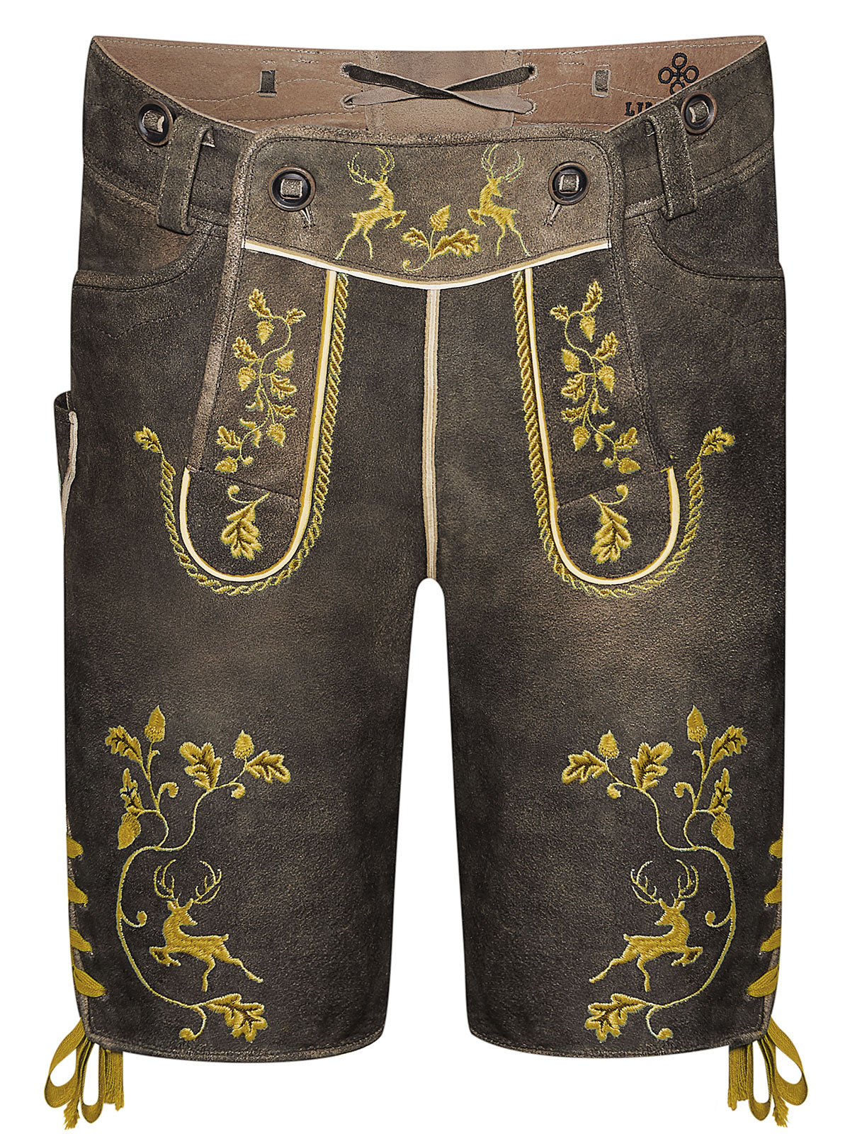 Braune Lederhose mit gelber Stickerei