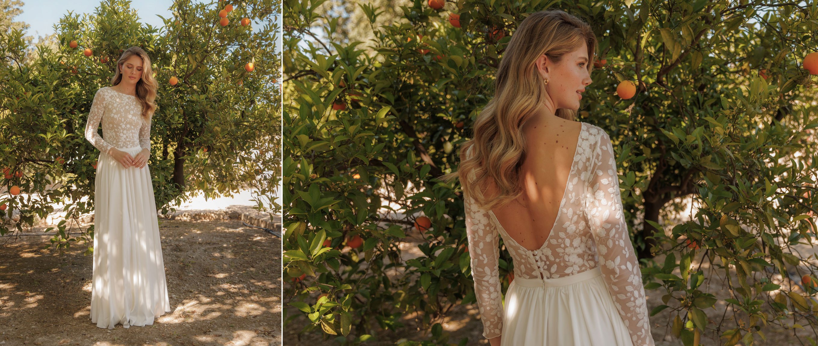 Rückenfreies Brautkleid mit langem Rock und Blumenmuster