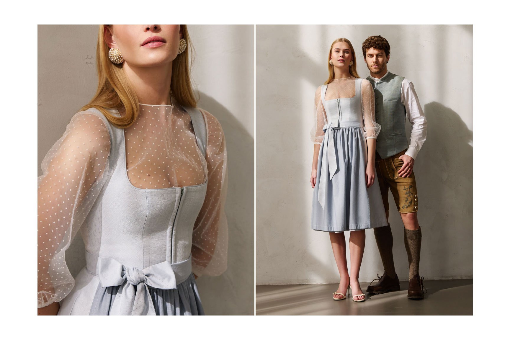 Hellblaues Dirndl mit Reißverschluss Mieder und Herren Trachtenweste in Grün