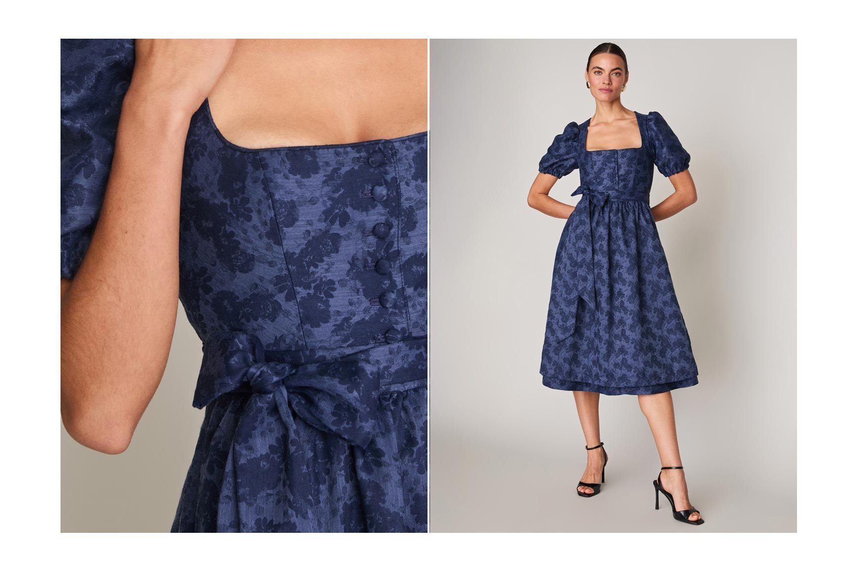 Dirndl in Dunkelblau mit Puffärmeln und floralem Muster