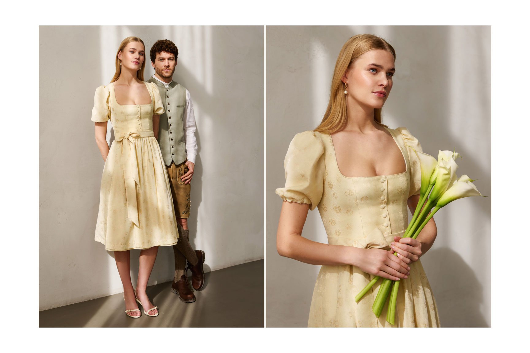 Gelbes Dirndl mit Puffärmeln und braune Lederhose mit Grüner Weste Gelbes Dirndl mit Puffärmeln und braune Lederhose mit Grüner Weste