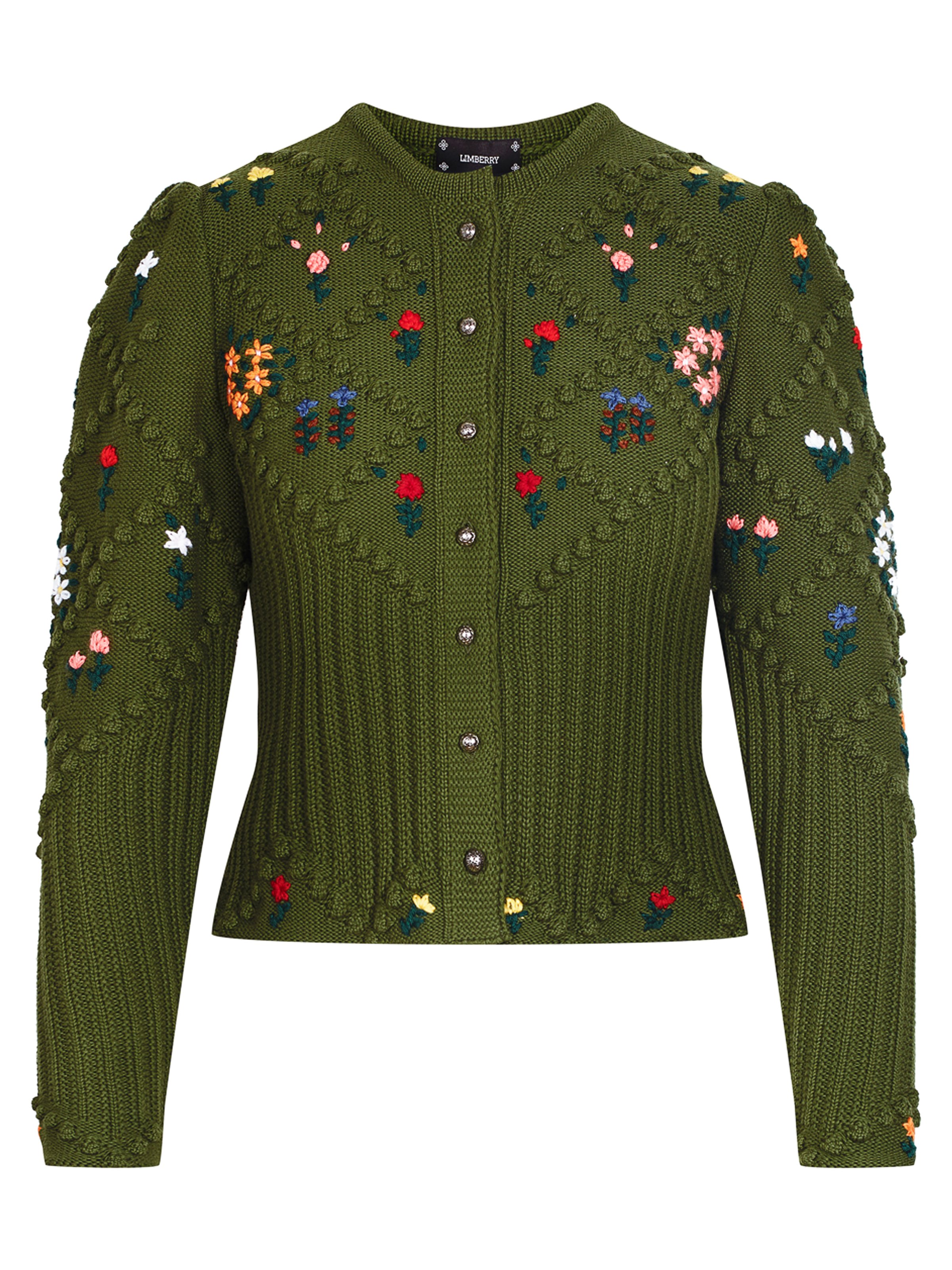 Moosgrüne Strickjacke mit Blumenstickerei