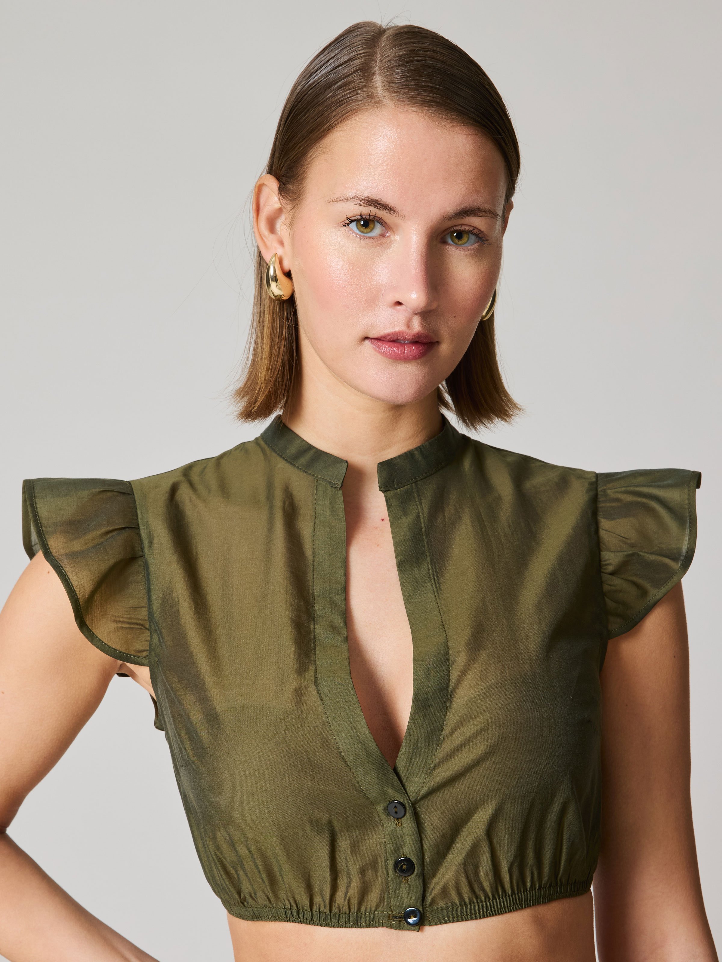 Transparente Bluse mit V-Ausschnitt in Khaki