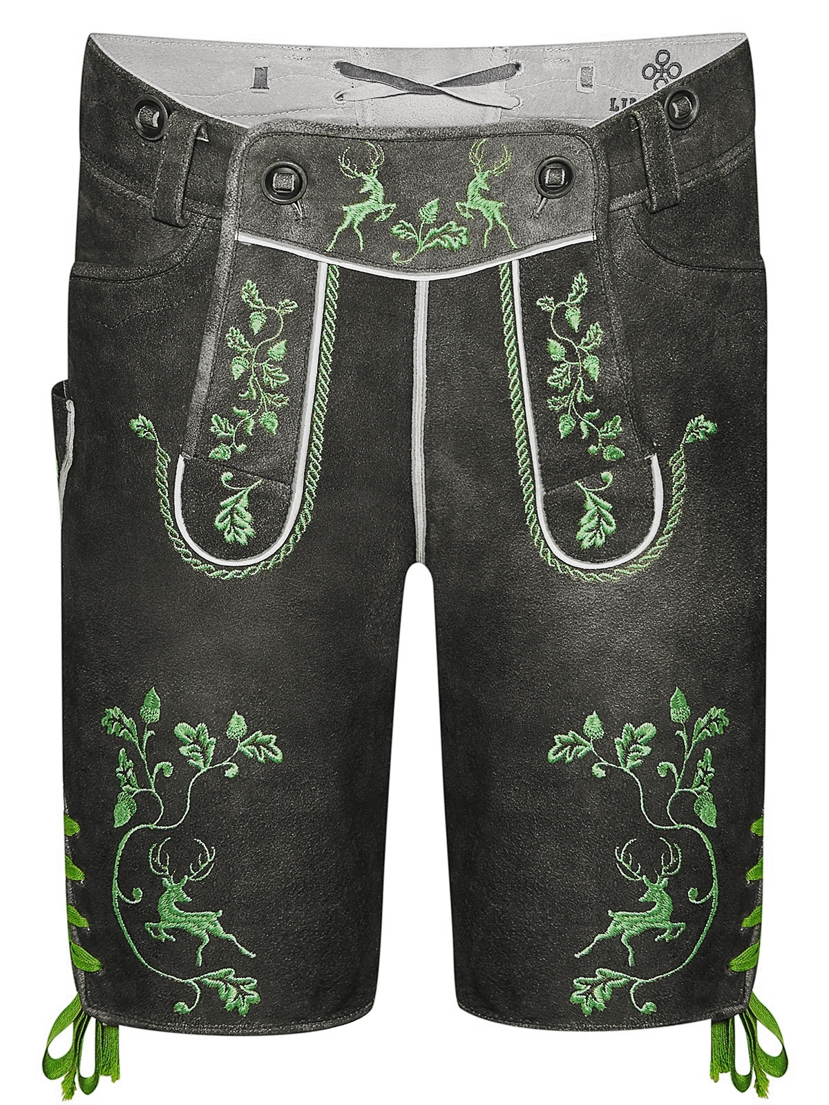 Graue Lederhose mit grüner Stickerei