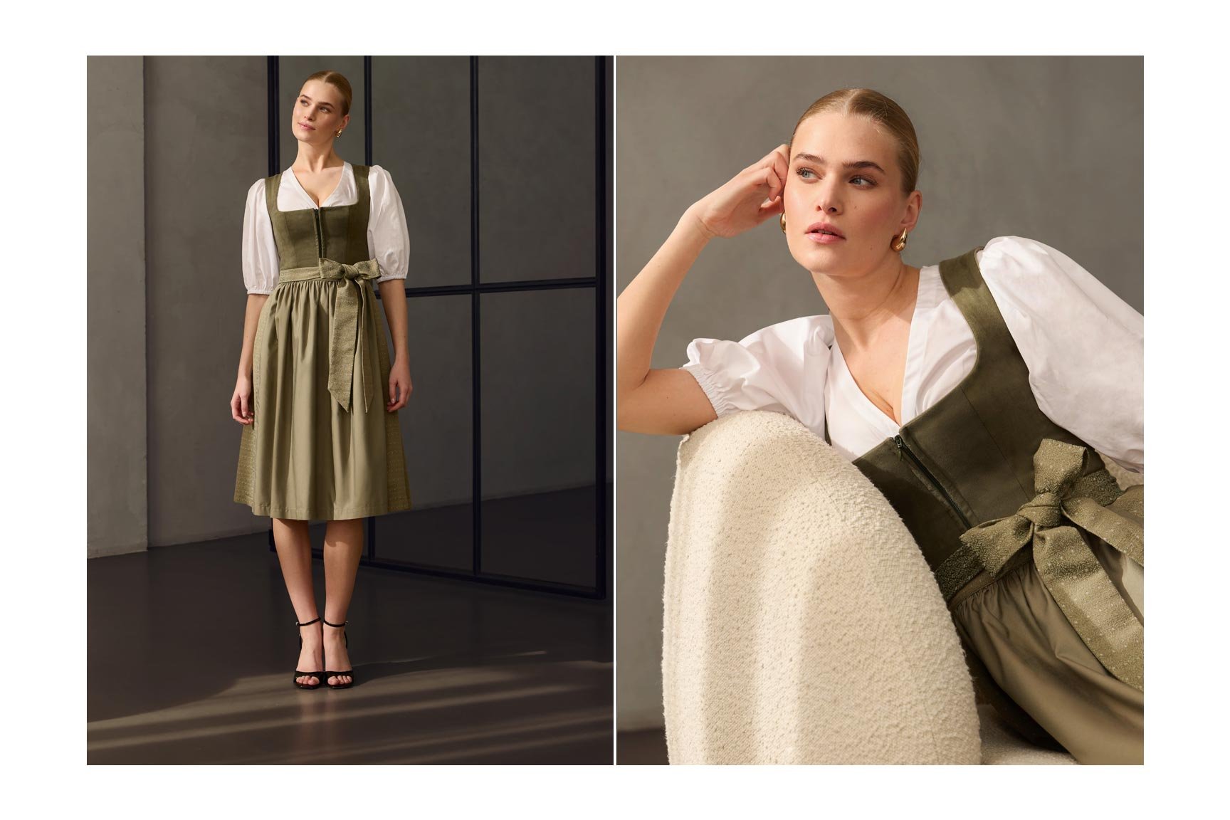 Grünes Dirndl mit Velours Mieder und weißer Dirndlbluse