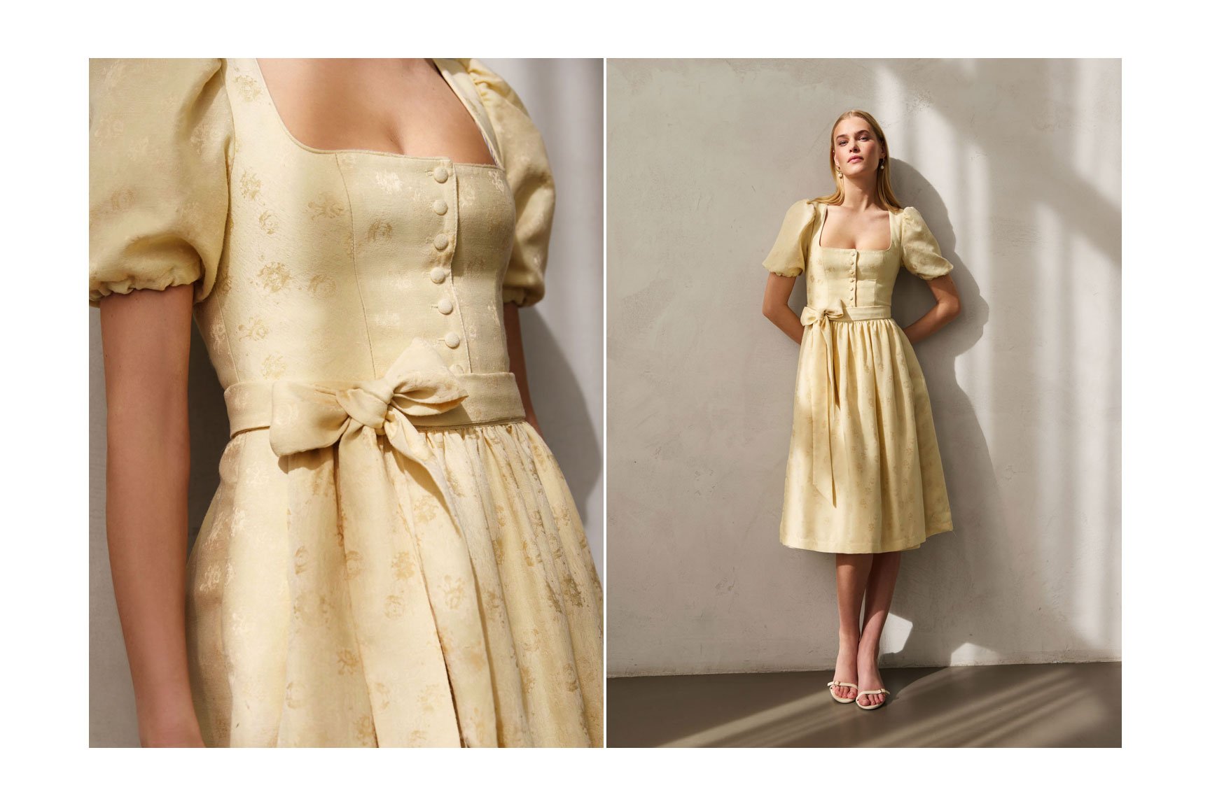 Hellgelbes Dirndl mit Puffärmeln und floralem Muster