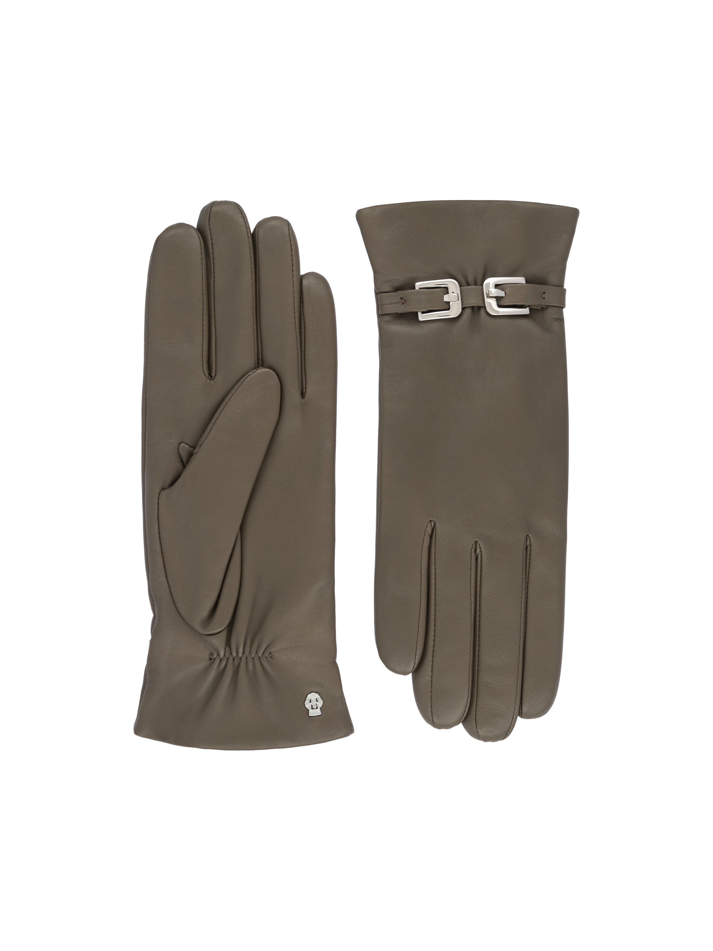 Khakifarbene Handschuhe aus Leder mit Zier-Schnalle