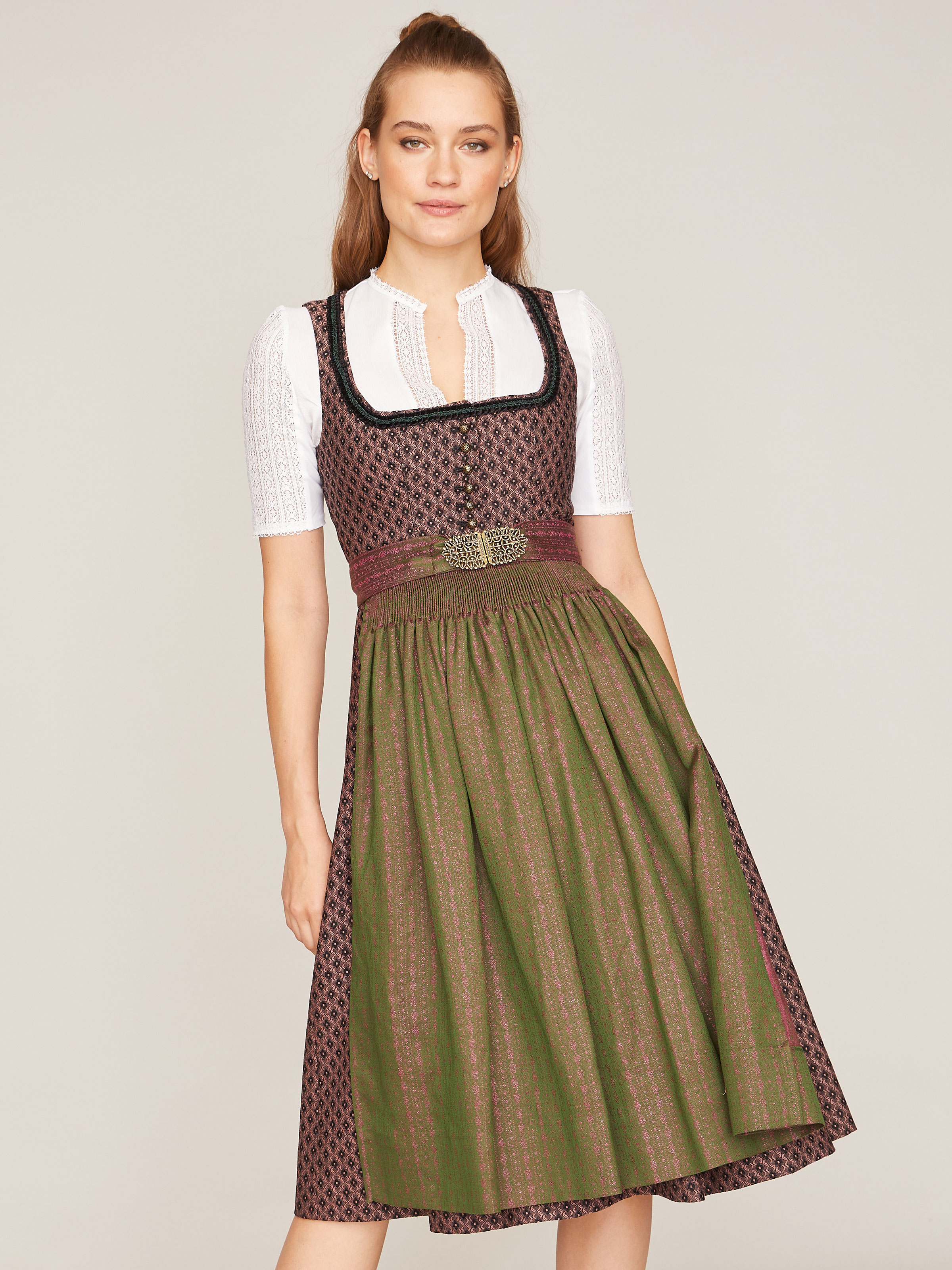 Stretch-Dirndl mit Blumen-Rautenmuster in rosa und schwarz