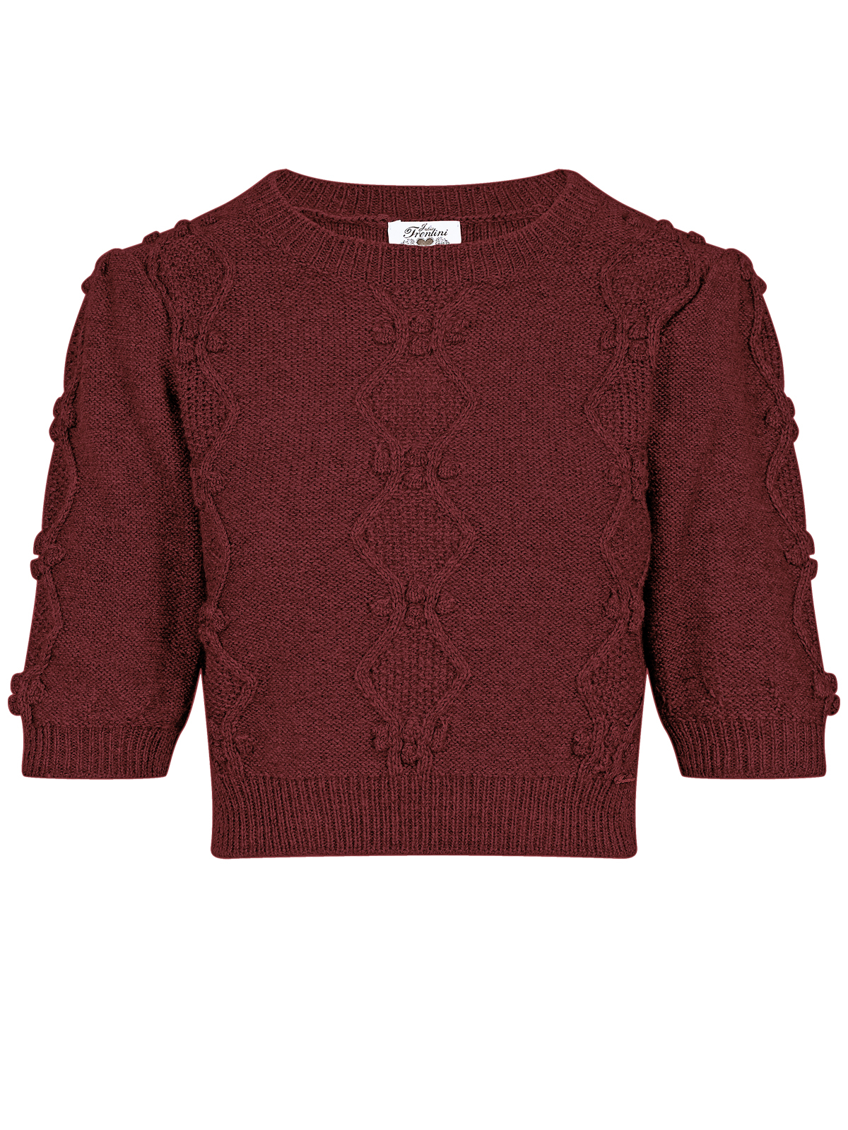 Dunkelroter Strickpullover mit aufwendigem Muster
