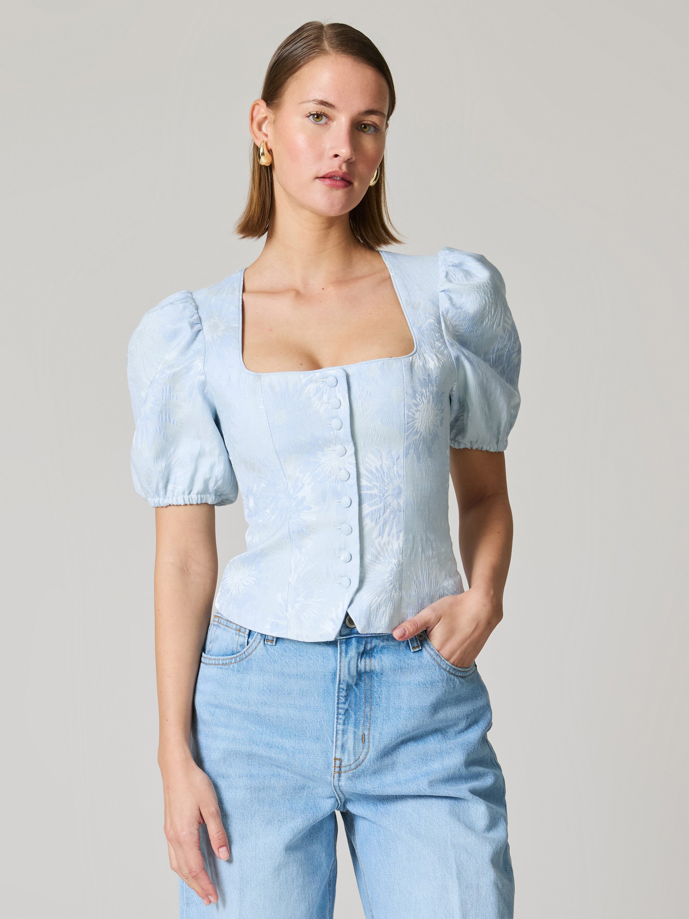 Mieder in Hellblau mit Blumenmuster