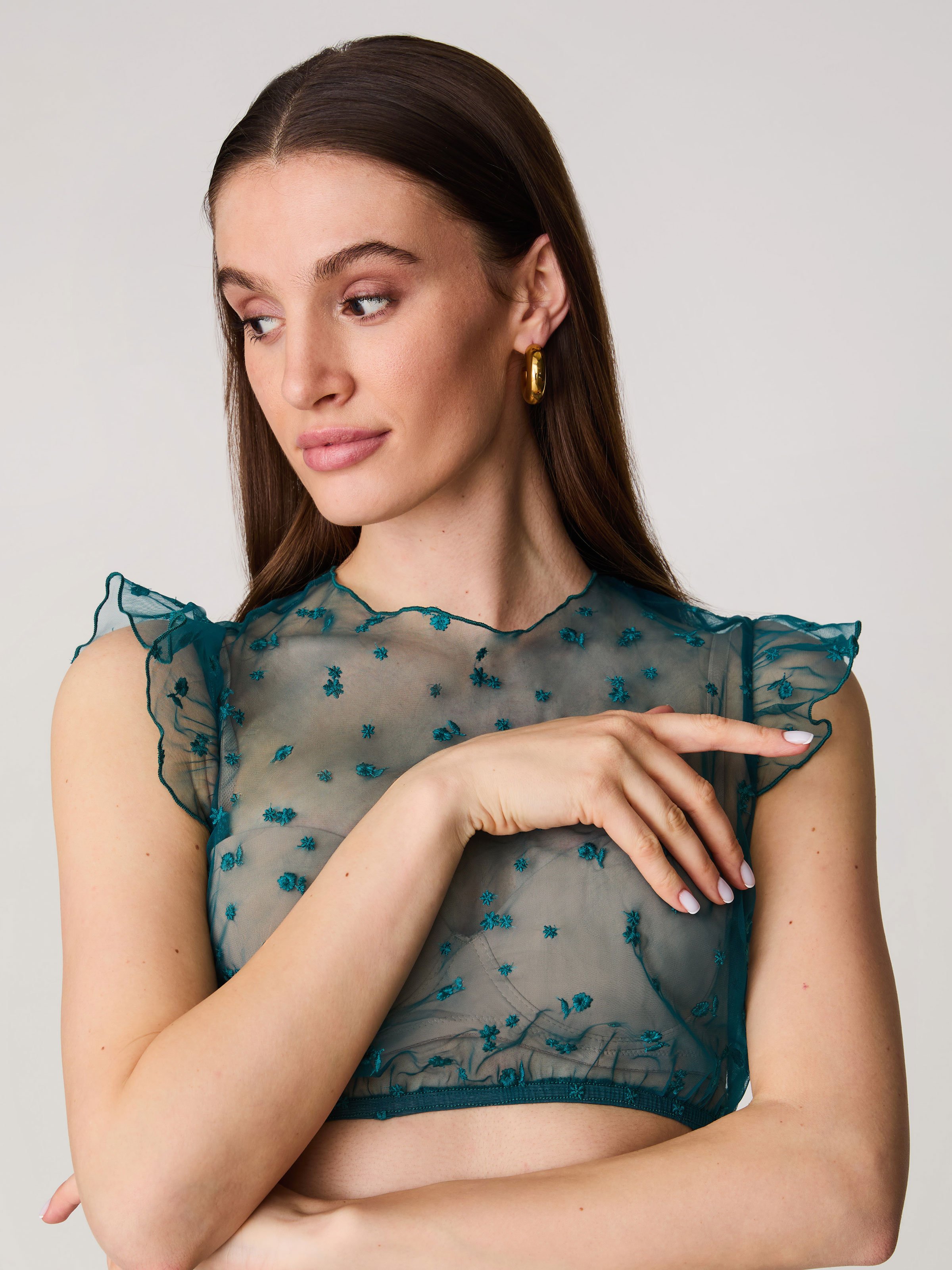 Dirndlbluse in Petrol mit Blumenmuster