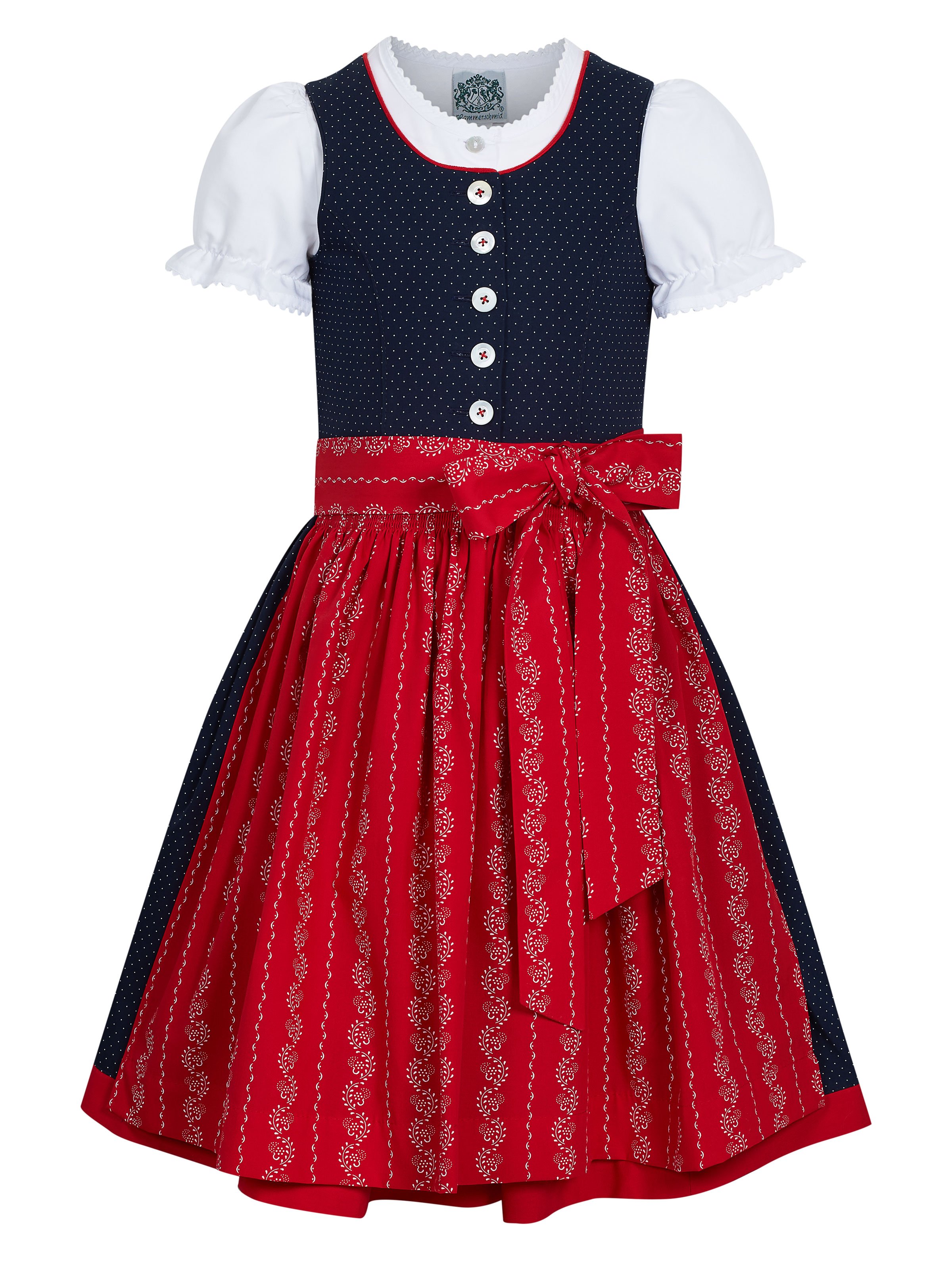 Blaues Kinder-Dirndl mit roter Schürze und weißer Bluse