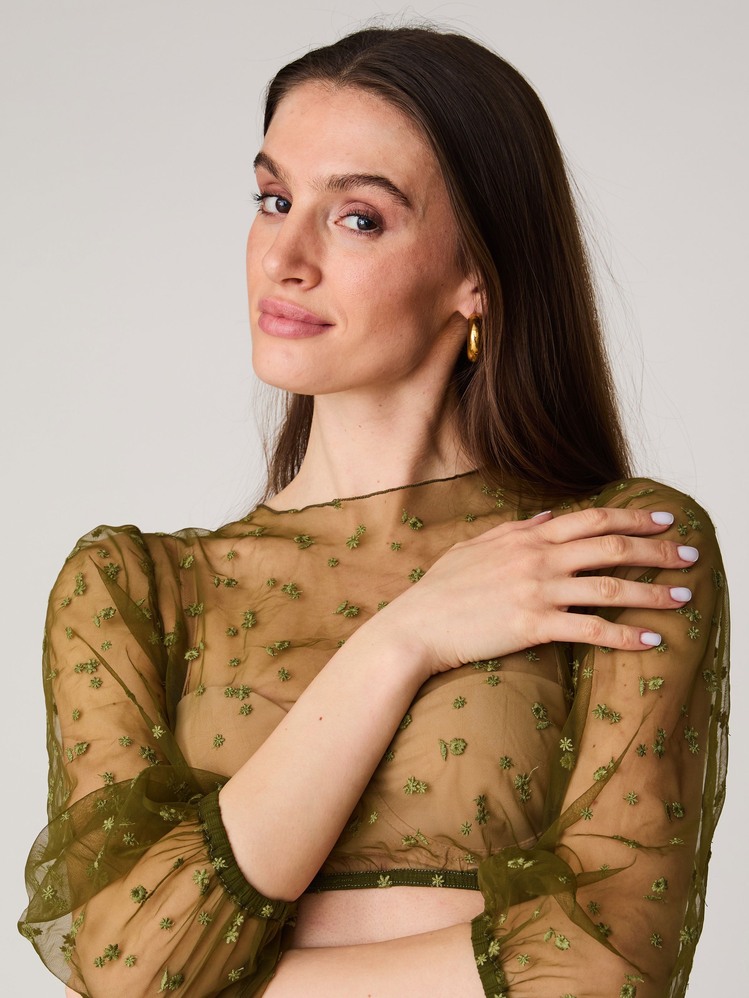Dirndlbluse in Khaki mit Blumenmuster