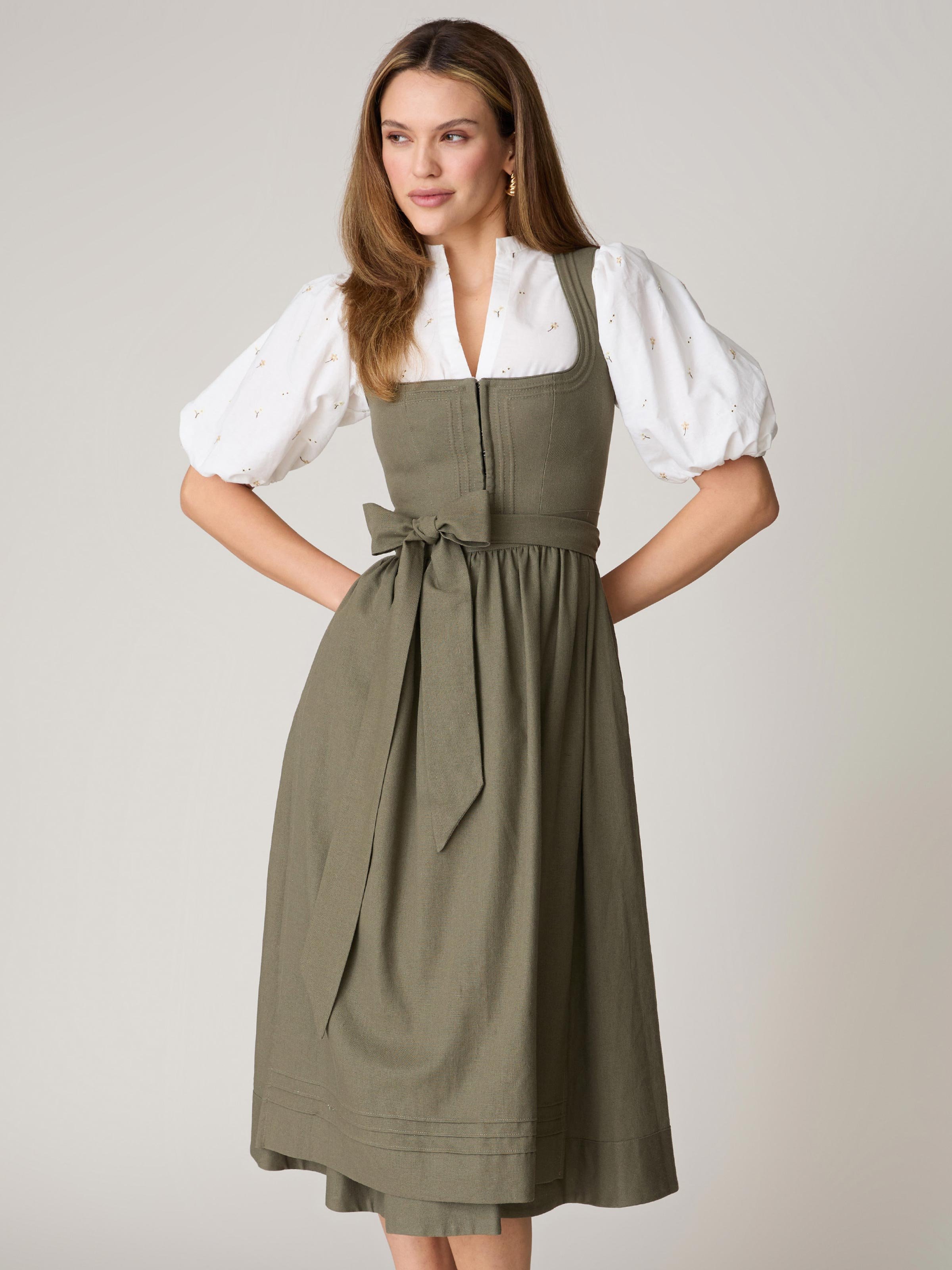 Khakigrünes Leinen-Dirndl mit Schnursteppung