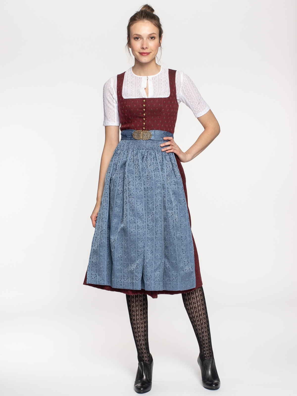 Dunkelrotes Stretch-Dirndl mit Blumenmuster