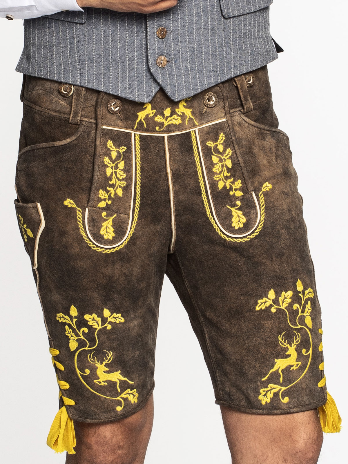 Braune Lederhose mit gelber Stickerei