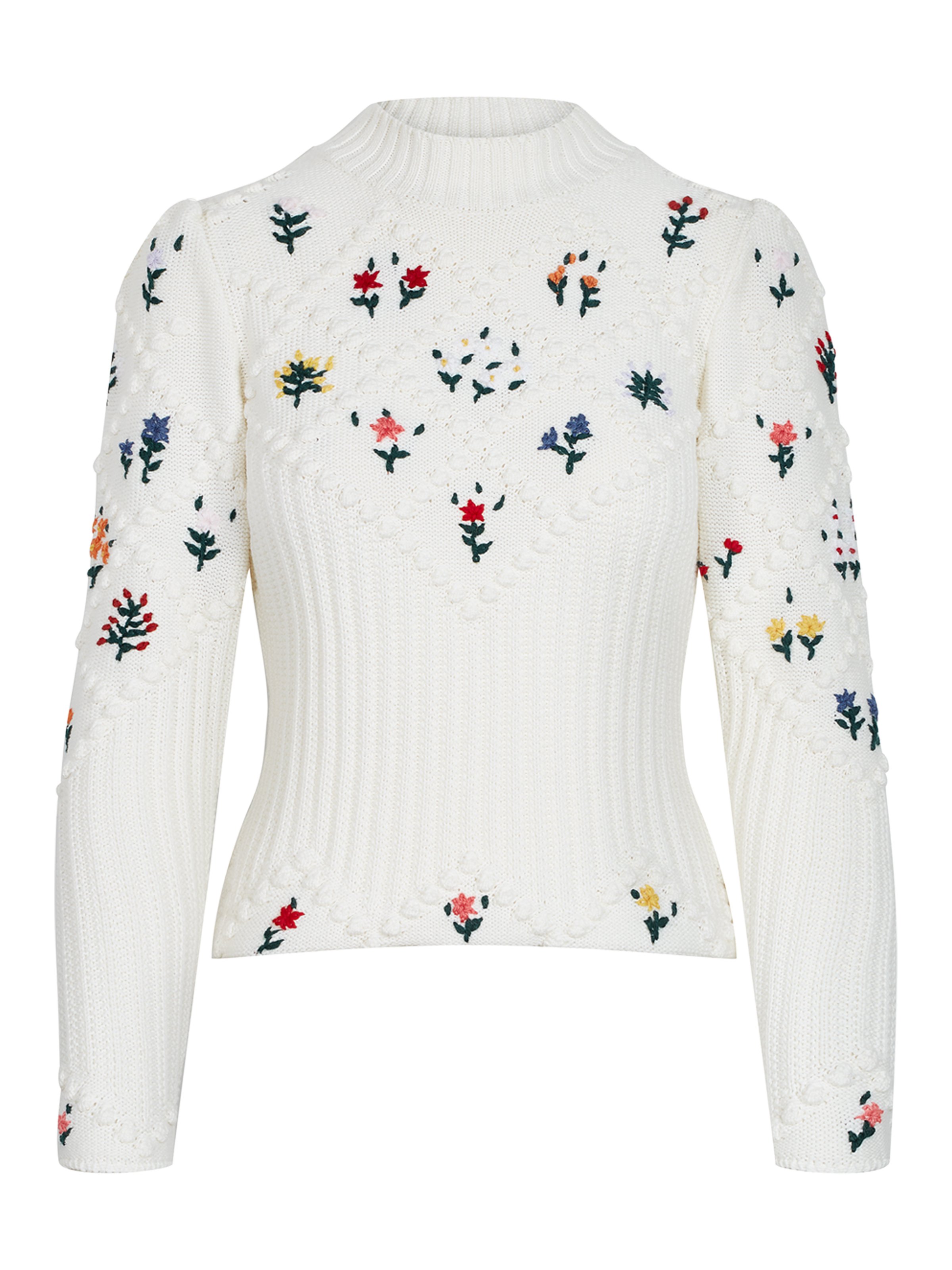 Cremeweißer Strickpullover mit Blumenstickerei