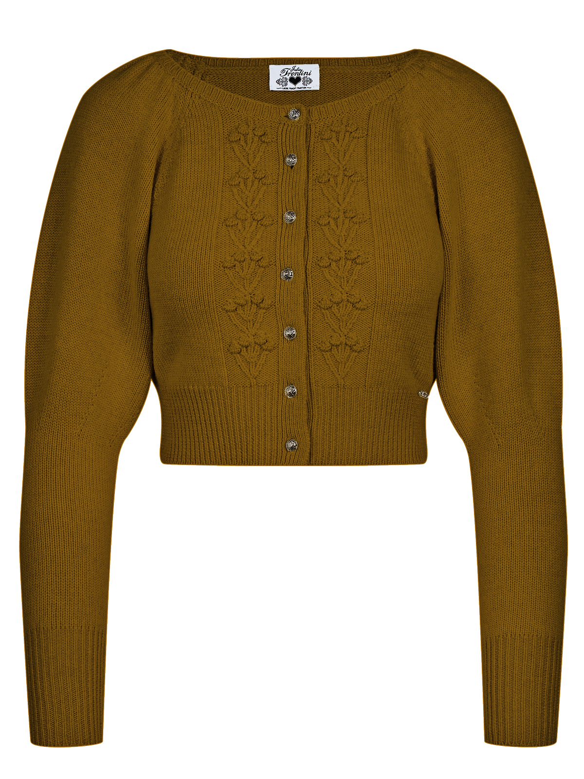 Senf-farbene Strickjacke mit aufwendigem Muster