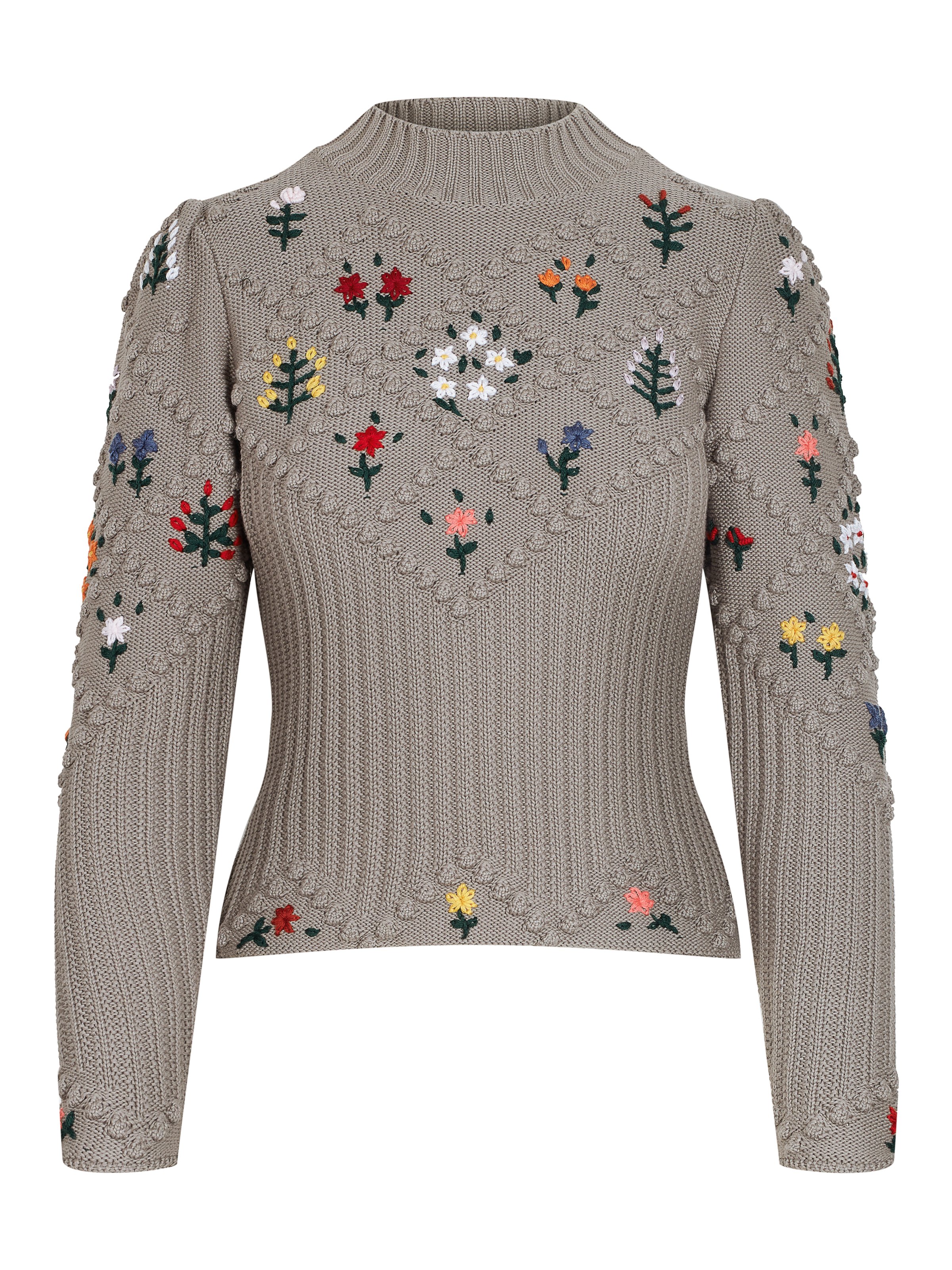 Grauer Strickpullover mit Blumenstickerei