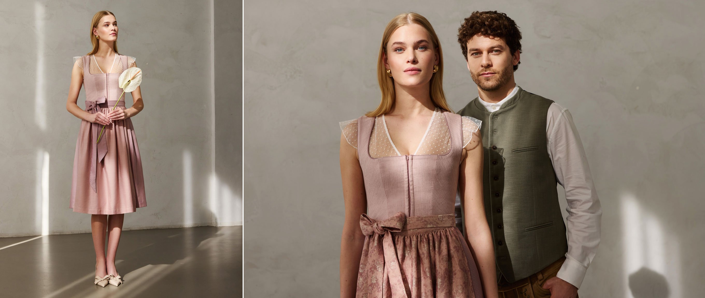 Rosa Dirndl mit floraler Schürze und Herren Trachtenweste in Grün