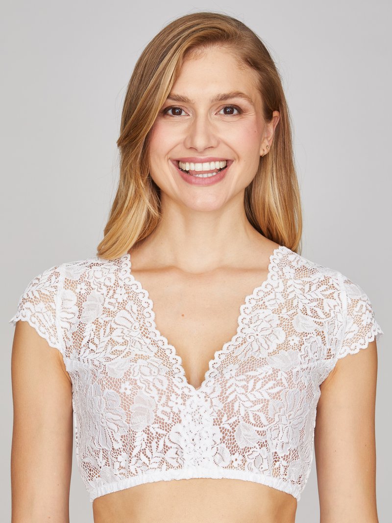 LUYANA Damen Dirndlbluse Weiß Mit Spitze - Elegante Trachtenbluse Für Oktoberfest