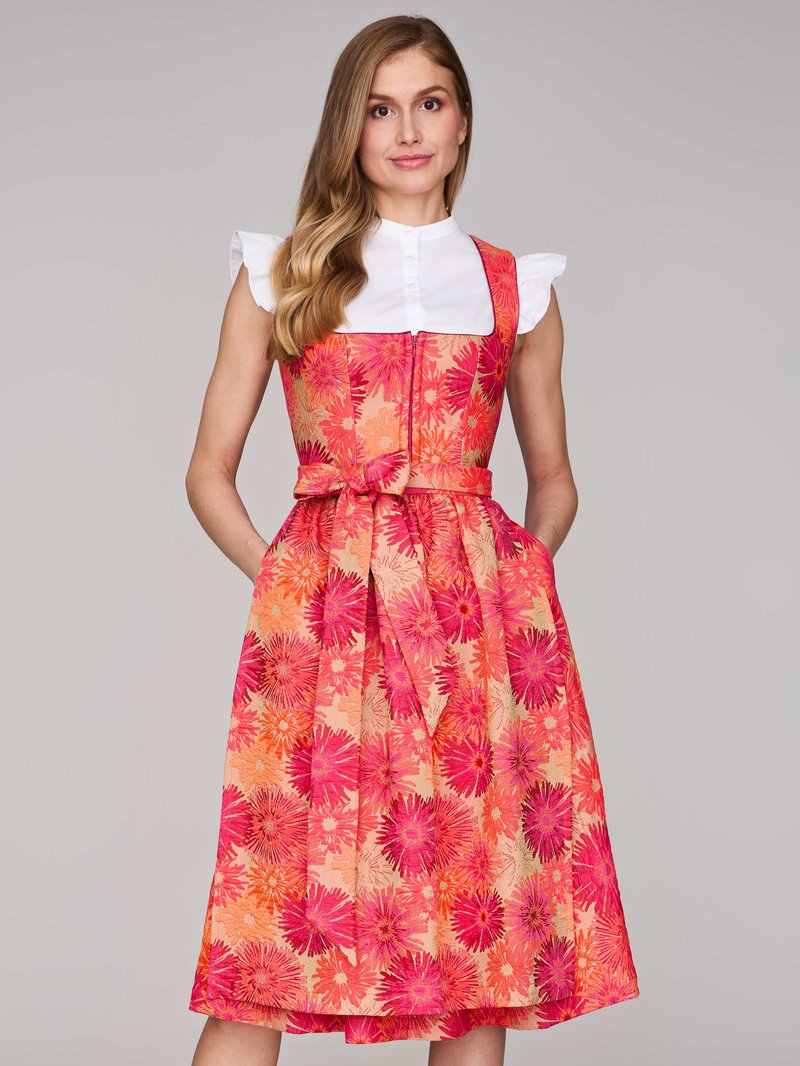 Produktbild von Dirndl Damen Mit Blumenmuster-Brustteil – Blaue Bindschnur, Puffärmel Mit Spitze, Schwarzer Rock, Für Oktoberfest & Feste