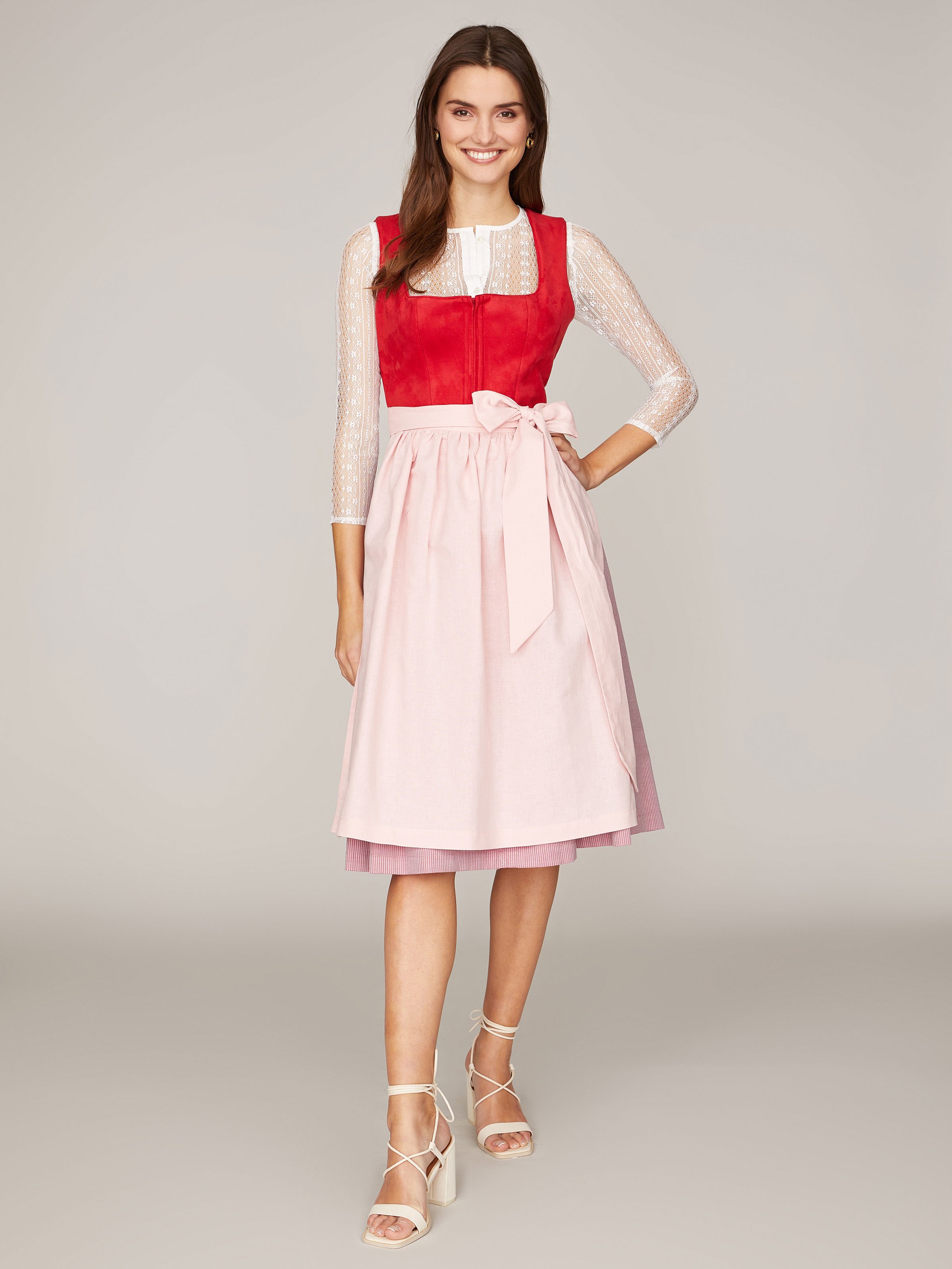 Rotes Dirndl mit Mieder aus Veloursleder-Optik Rotes Dirndl mit Mieder aus Veloursleder-Optik