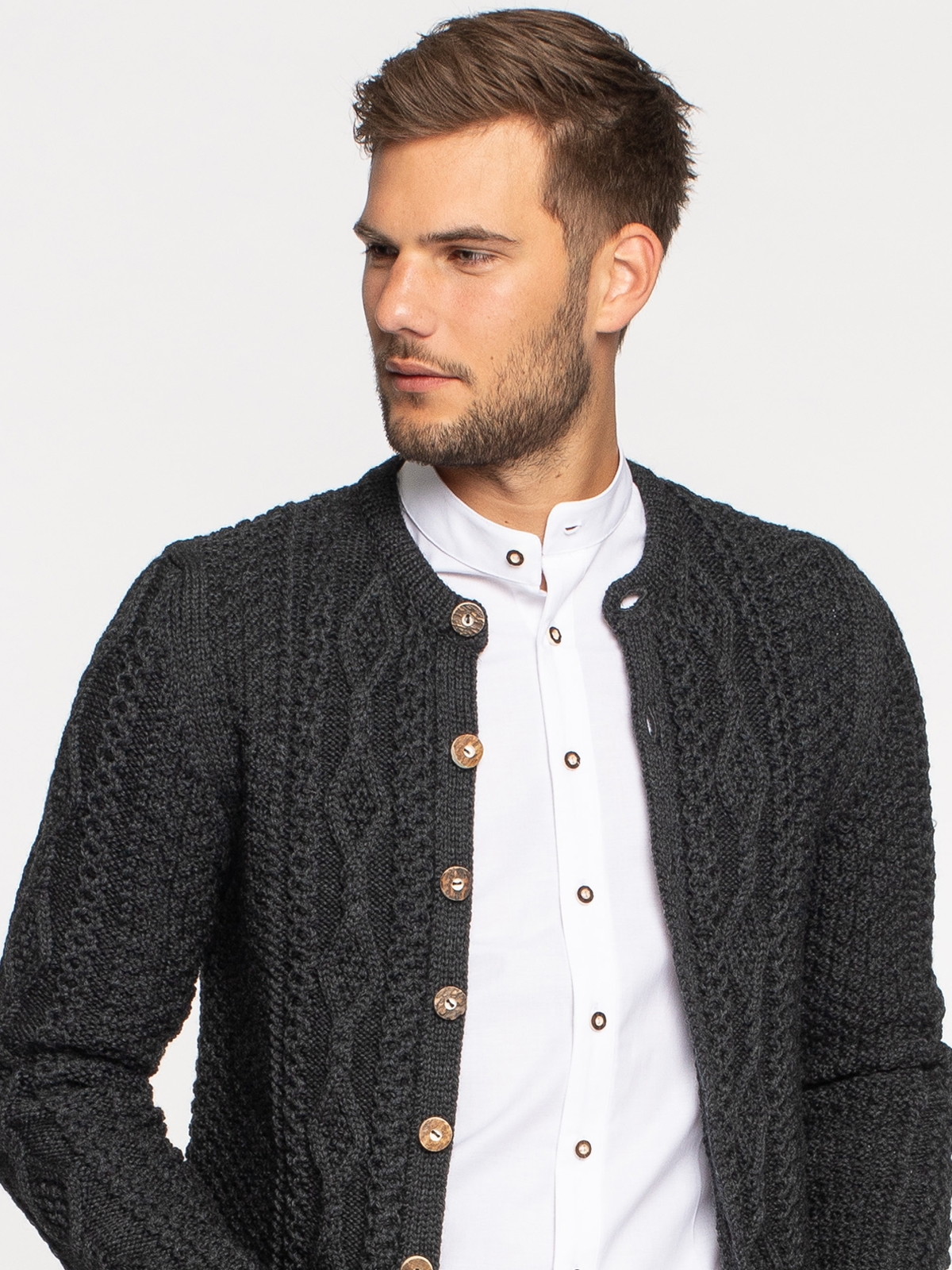 Trachten Strickjacke Herren Strickjacke Zopfmuster Grau Zopfmuster