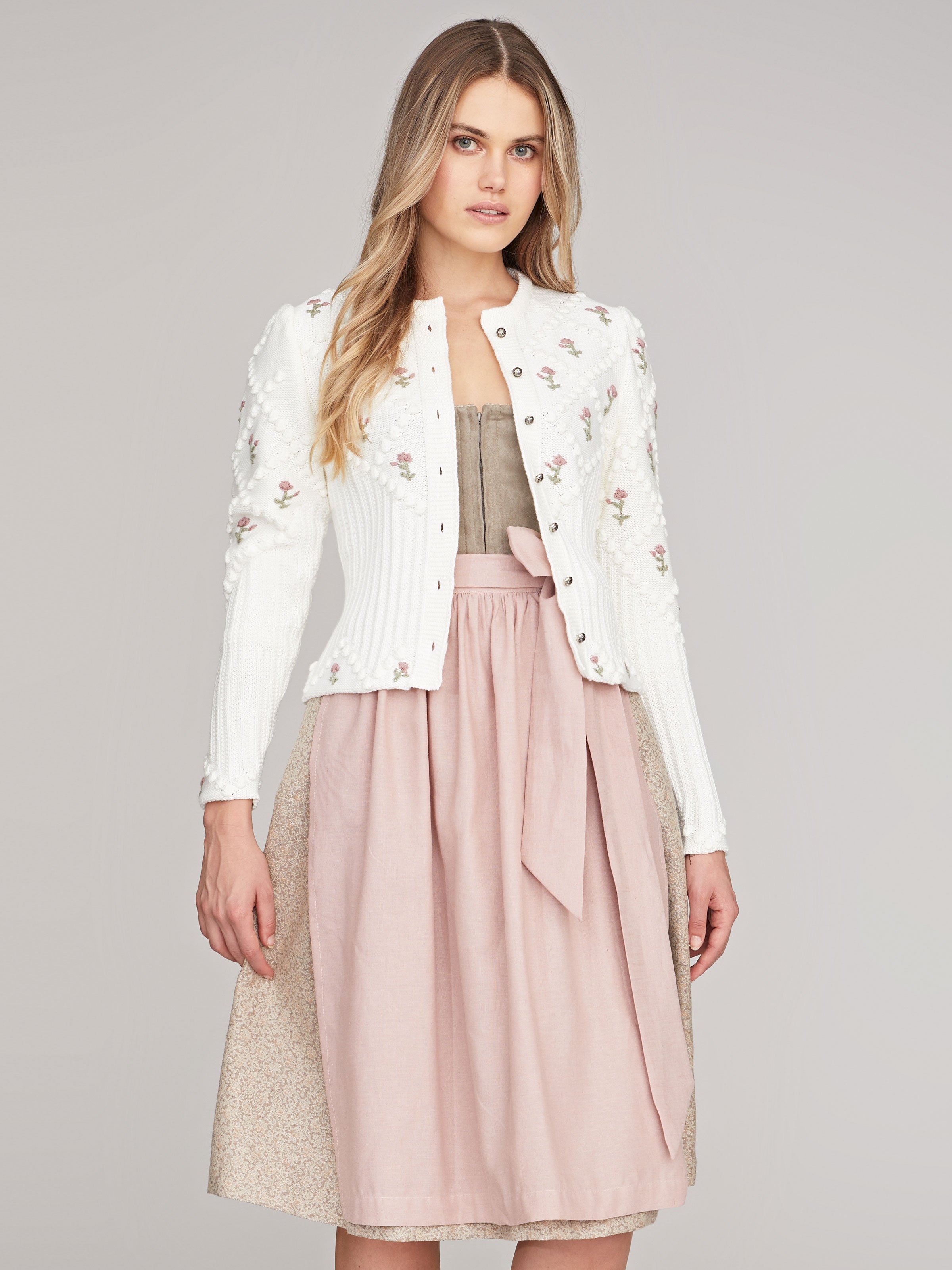 Cremeweiße Strickjacke mit rosa Blumenstickerei Cremeweiße Strickjacke mit rosa Blumenstickerei