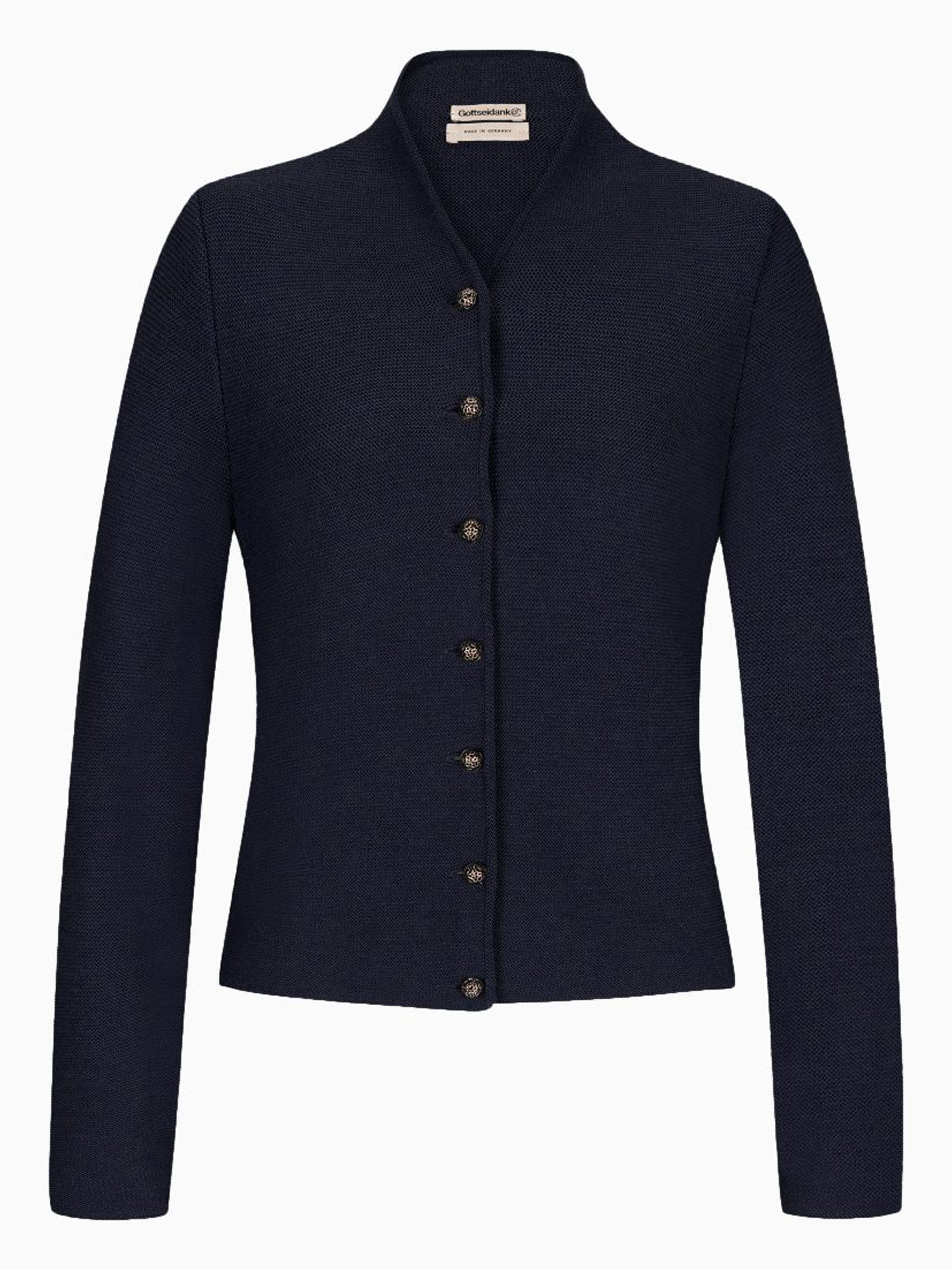 Dunkelblaue Trachten-Strickjacke mit Stehkragen Dunkelblaue Trachten-Strickjacke mit Stehkragen