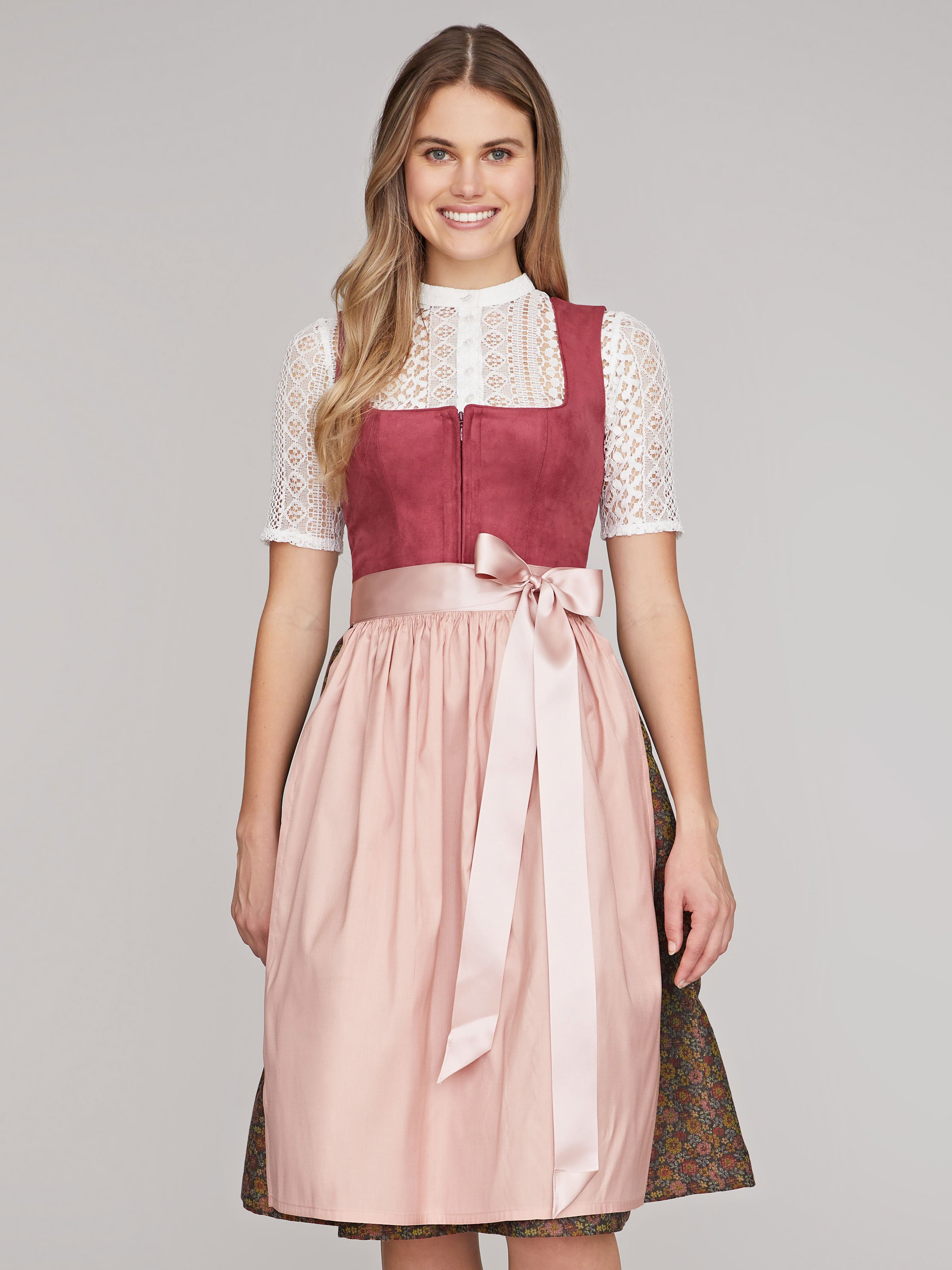 Beeren farbenes Dirndl mit Mieder aus Veloursleder-Optik Beeren farbenes Dirndl mit Mieder aus Veloursleder-Optik
