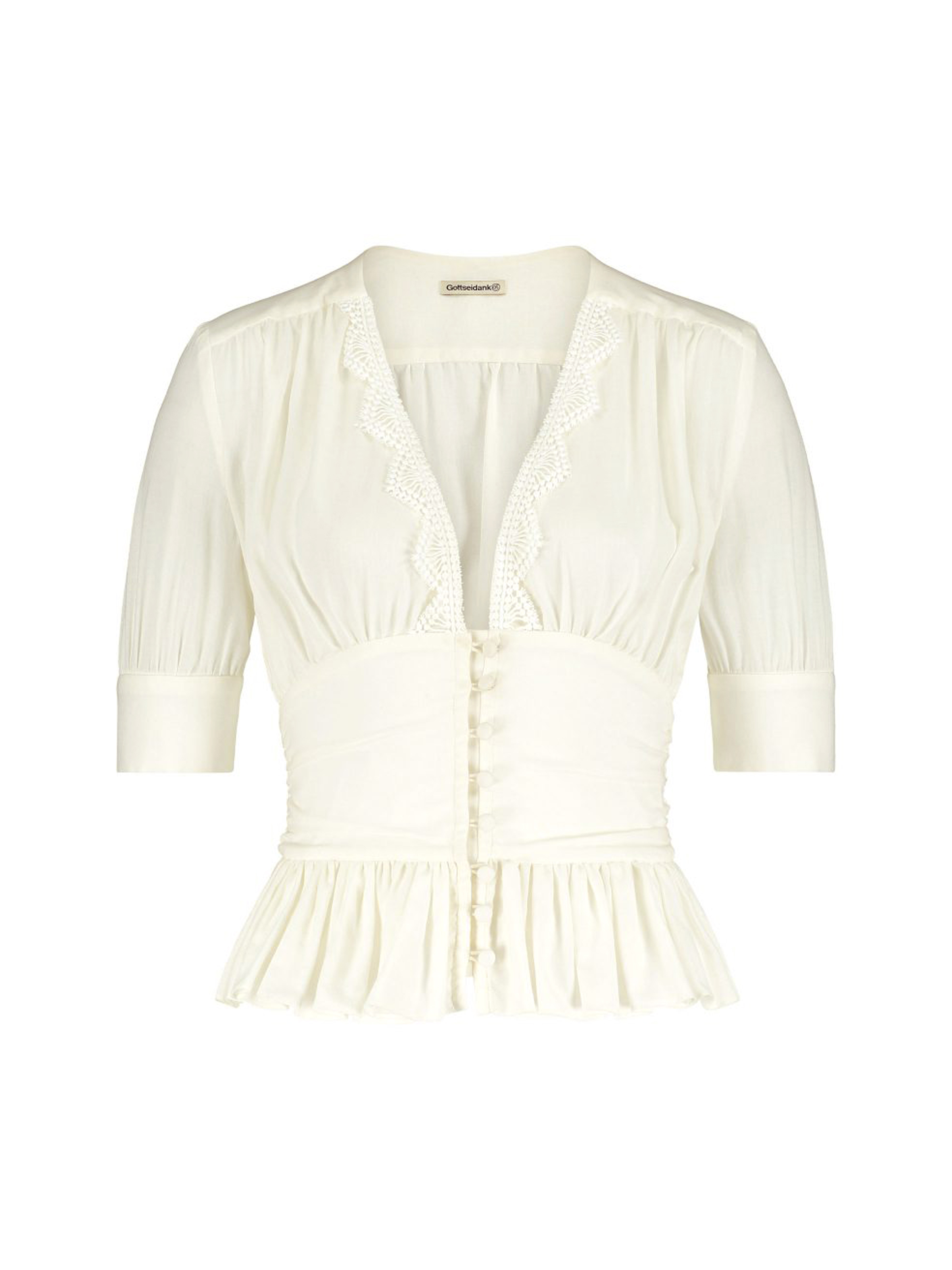 Gerüschte Bluse in Eierschale mit Zierborte Gerüschte Bluse in Eierschale mit Zierborte
