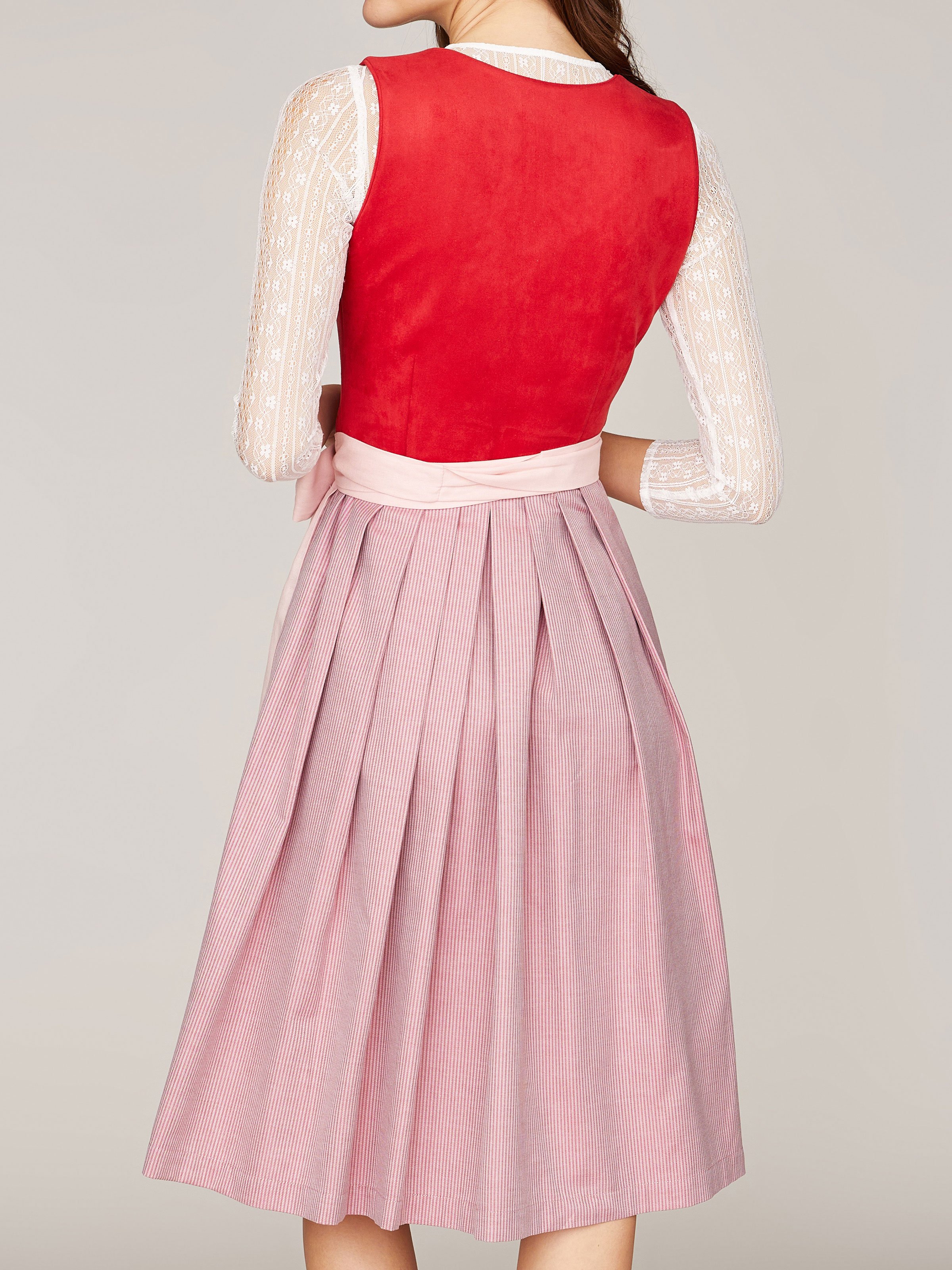 Rotes Dirndl mit Mieder aus Veloursleder-Optik Rotes Dirndl mit Mieder aus Veloursleder-Optik