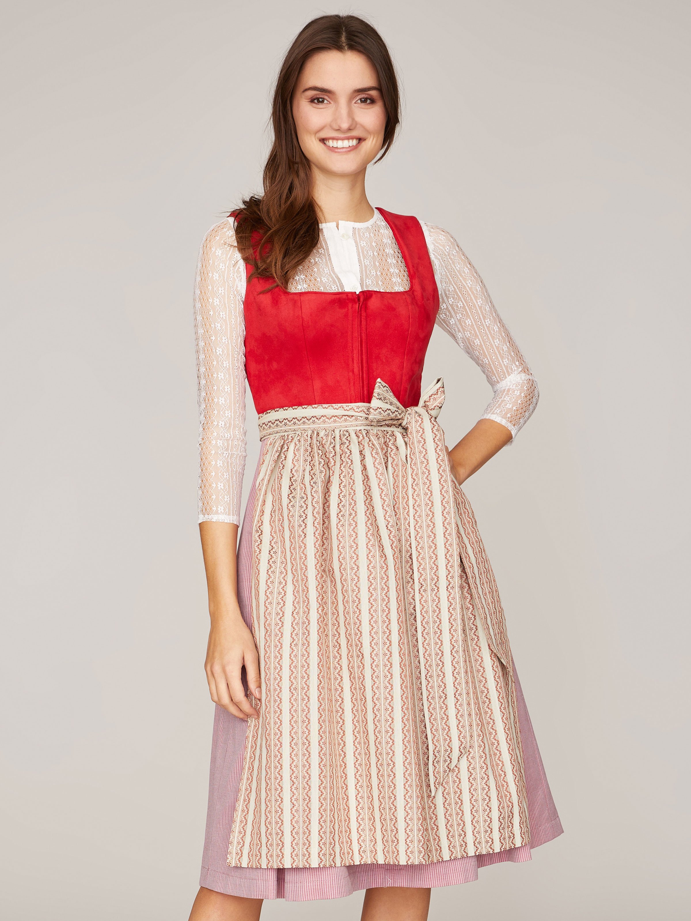 Rotes Dirndl mit Mieder aus Veloursleder-Optik Rotes Dirndl mit Mieder aus Veloursleder-Optik