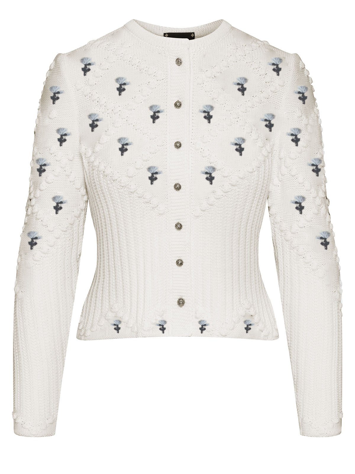 Cremeweiße Strickjacke mit blauer Blumenstickerei Cremeweiße Strickjacke mit blauer Blumenstickerei
