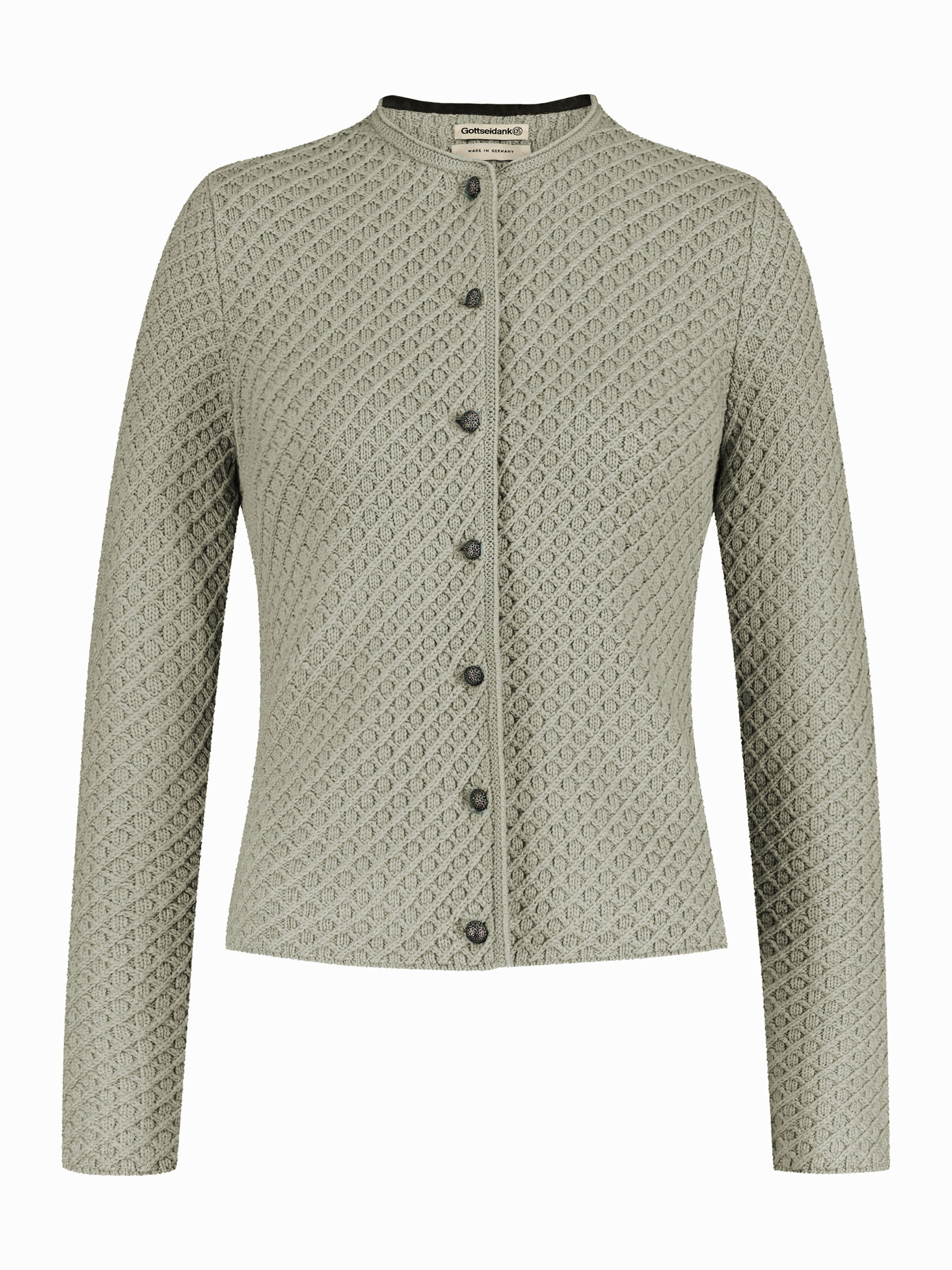 Grau-Grüne Trachten-Strickjacke mit Knopfleiste Grau-Grüne Trachten-Strickjacke mit Knopfleiste