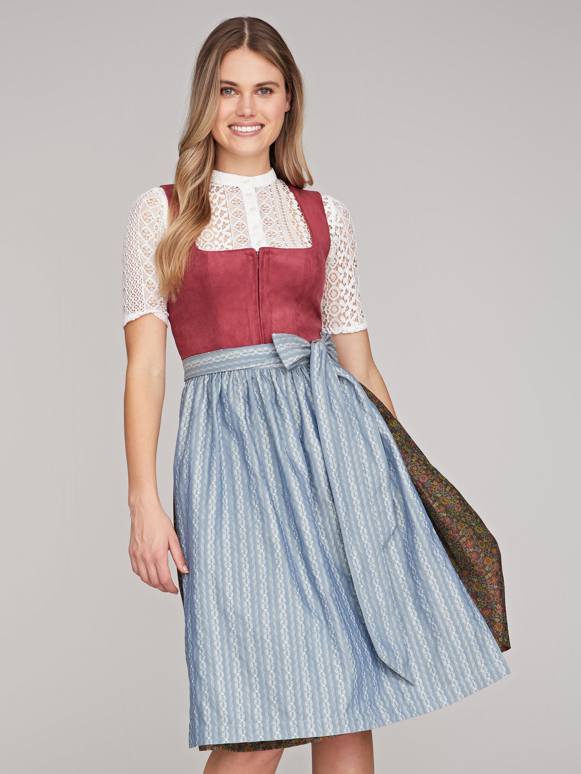 Beeren farbenes Dirndl mit Mieder aus Veloursleder-Optik Beeren farbenes Dirndl mit Mieder aus Veloursleder-Optik