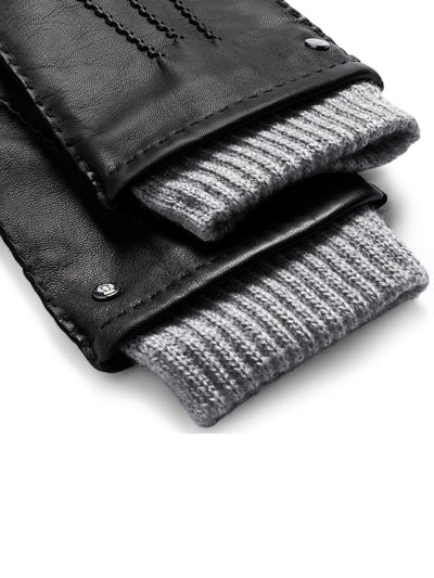 Schwarze Handschuhe mit grauer Woll-Manschette