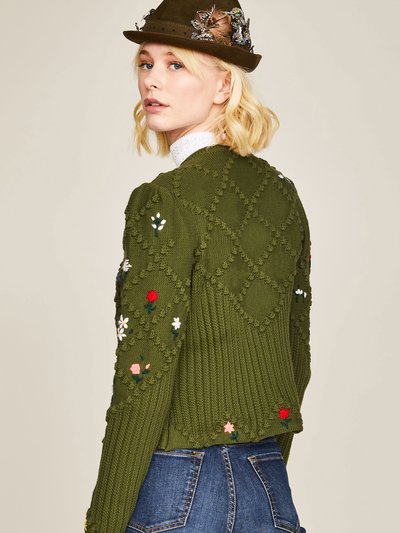 Moosgrüne Strickjacke mit Blumenstickerei