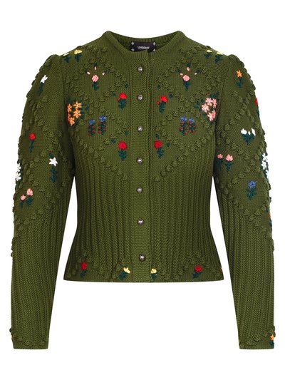 Moosgrüne Strickjacke mit Blumenstickerei