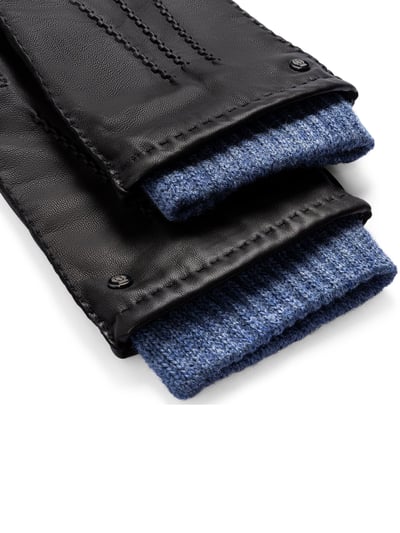 Schwarze Handschuhe mit blauer Woll-Manschette
