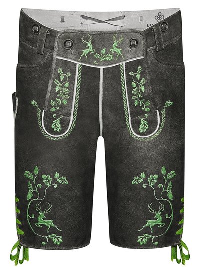 Graue Lederhose mit grüner Stickerei