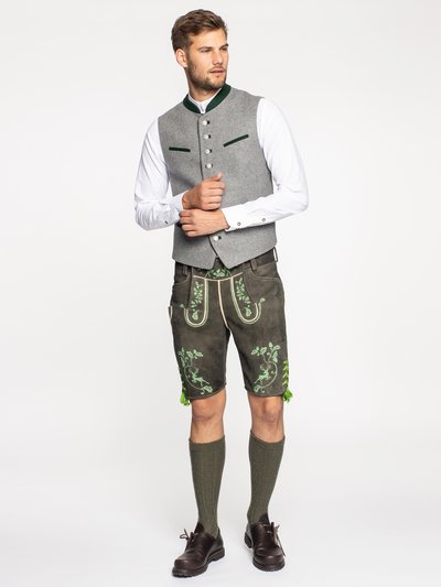 Graue Lederhose mit grüner Stickerei