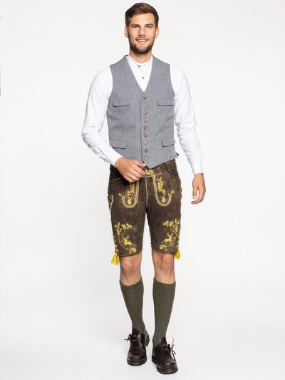 Braune Lederhose mit gelber Stickerei