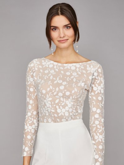 Langärmliger Braut-Body mit Blumen-Spitze und tiefem Rücken Langärmliger Braut-Body mit Blumen-Spitze und tiefem Rücken