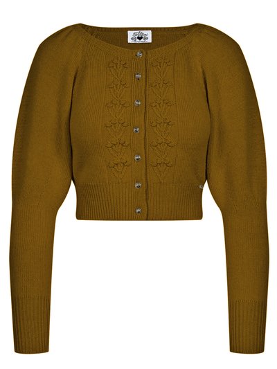 Senf-farbene Strickjacke mit aufwendigem Muster