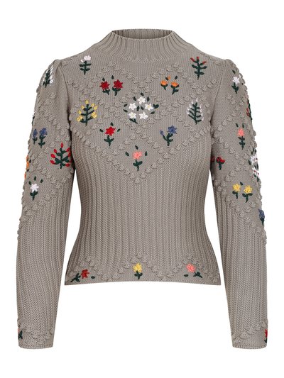 Grauer Strickpullover mit Blumenstickerei